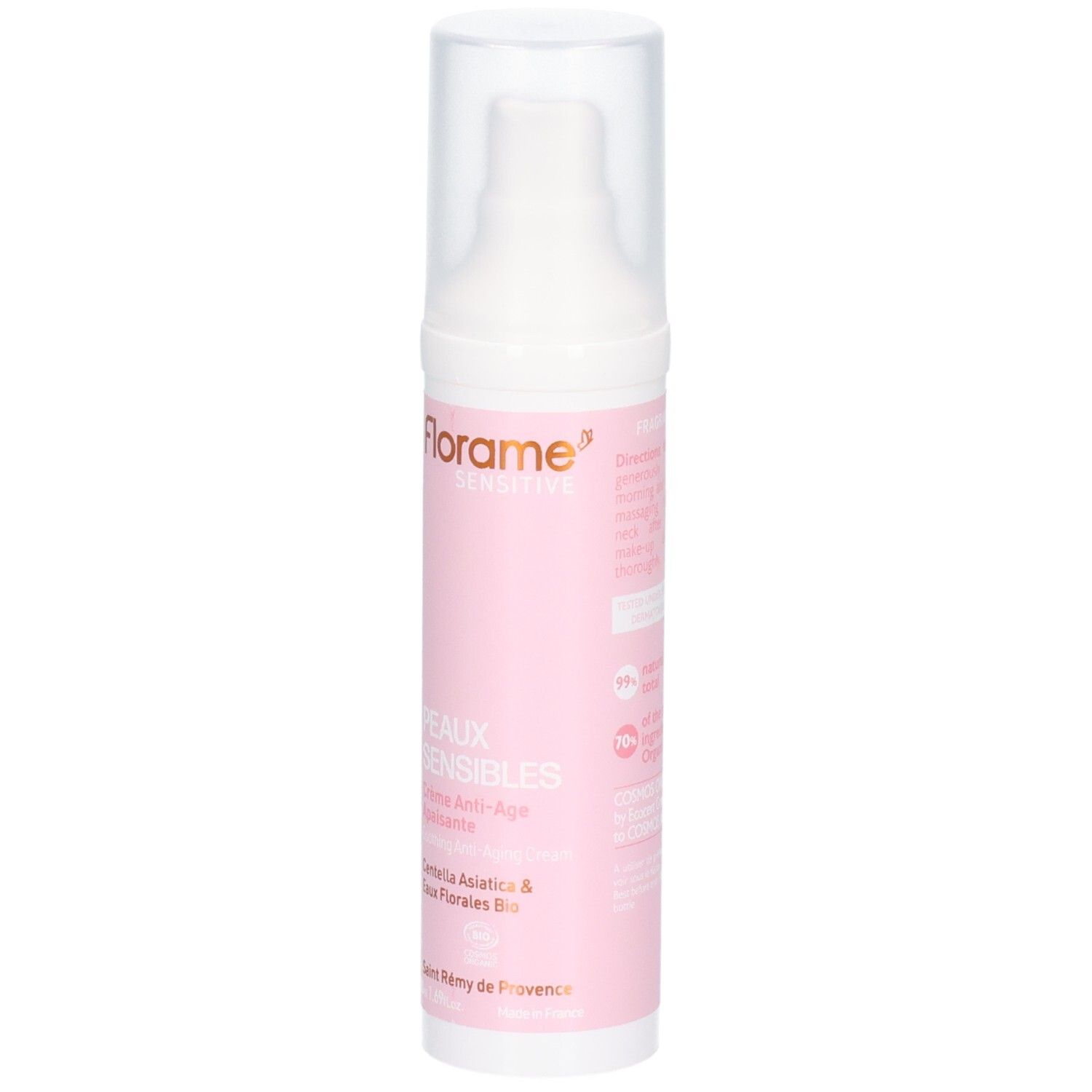 Florame Crème Anti-Age Apaisante Peaux Sensibles, flacon pompe 50ml.