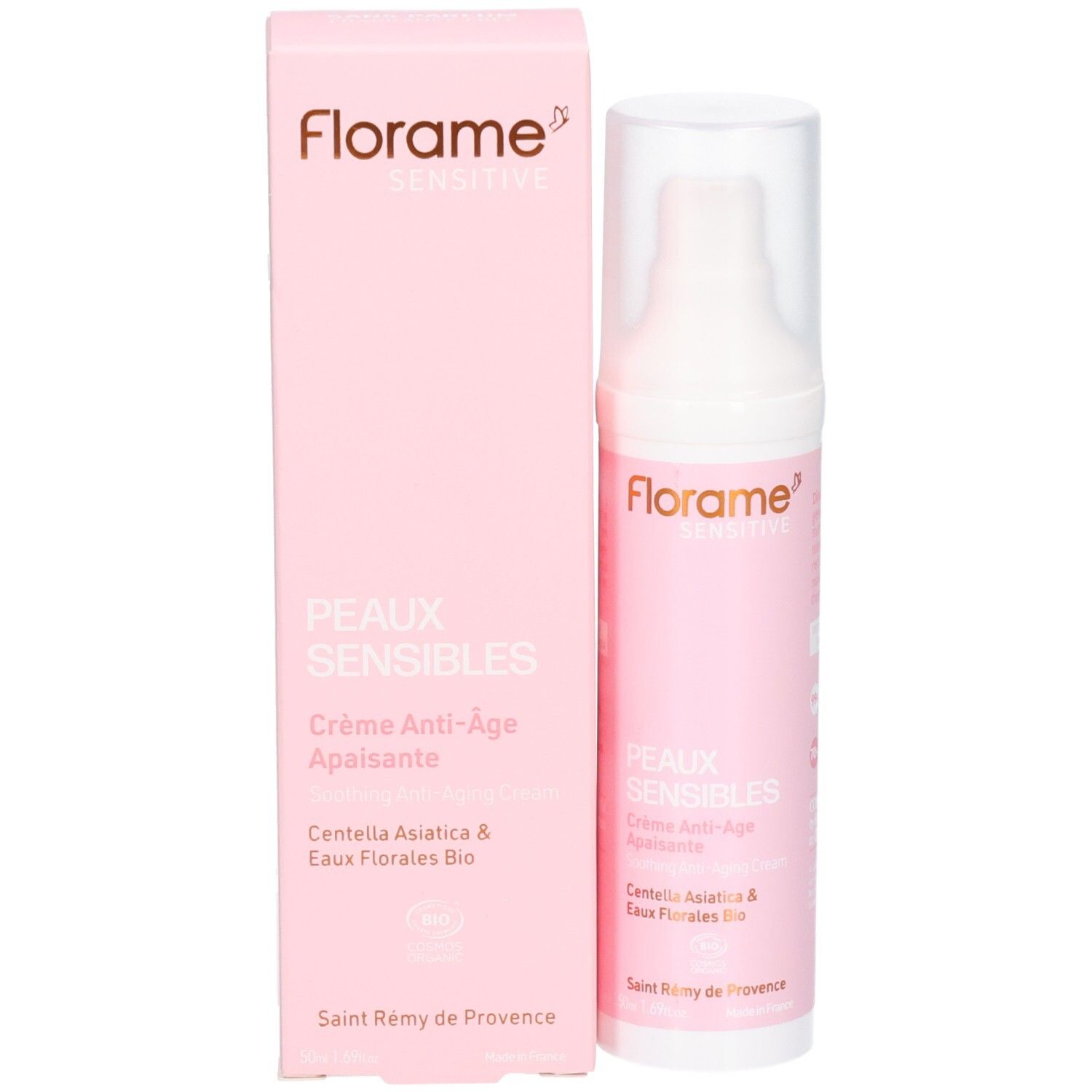 Florame Crème Anti-Age Apaisante Peaux Sensibles avec boîte, flacon pompe 50ml.