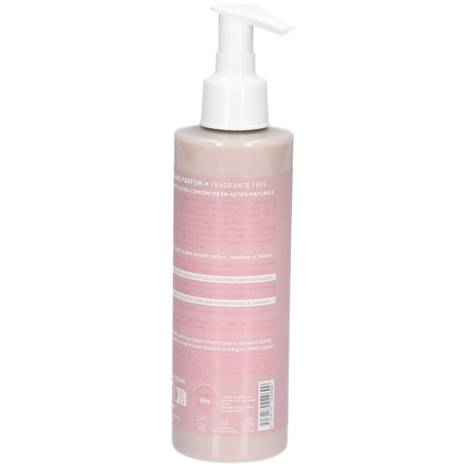 Florame Gelée lactée nettoyante, verso avec indications ingrédients et certifications.