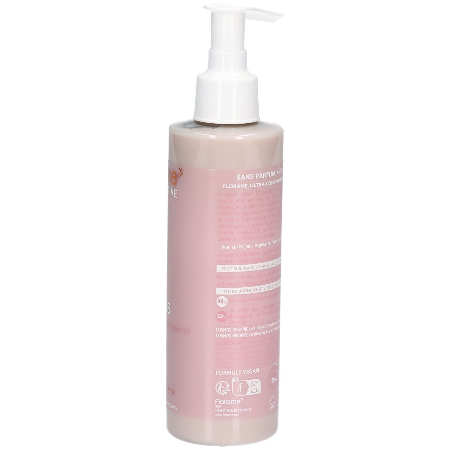 Florame Gelée lactée nettoyante, verso avec indications ingrédients et certifications.