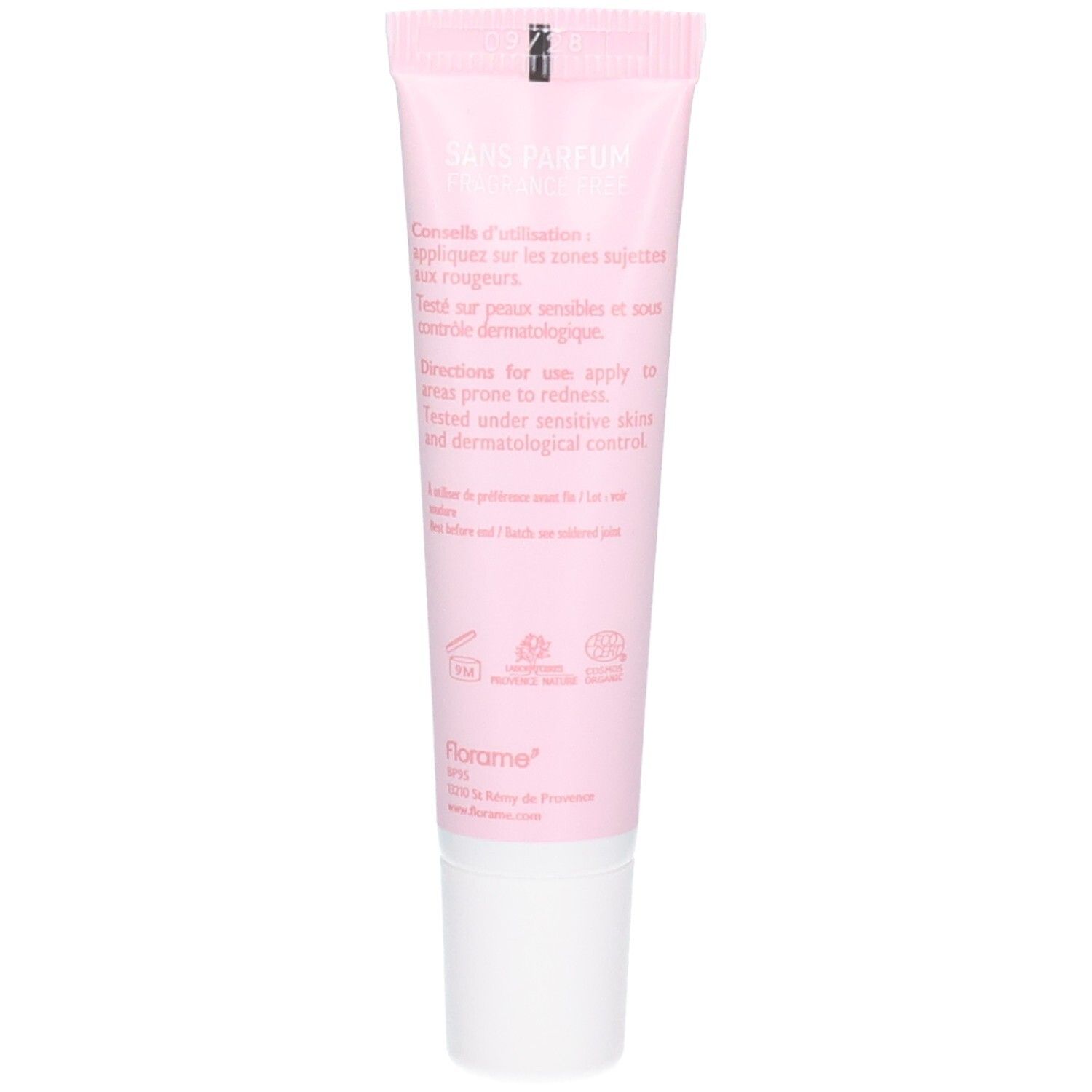 Arrière d'un tube Florame avec instructions d'utilisation et ingrédients.