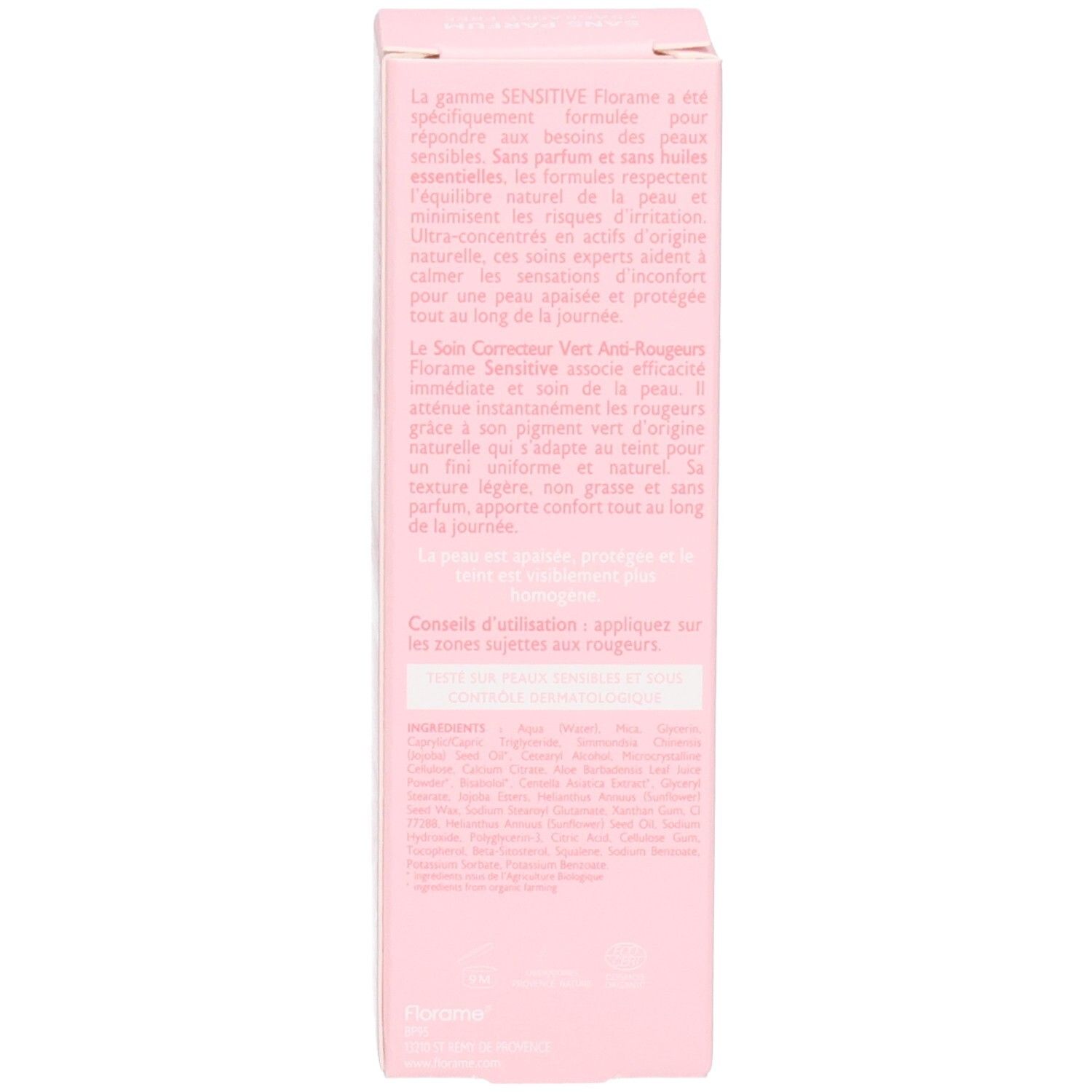 Arrière de l'emballage Florame avec description du produit et utilisation.