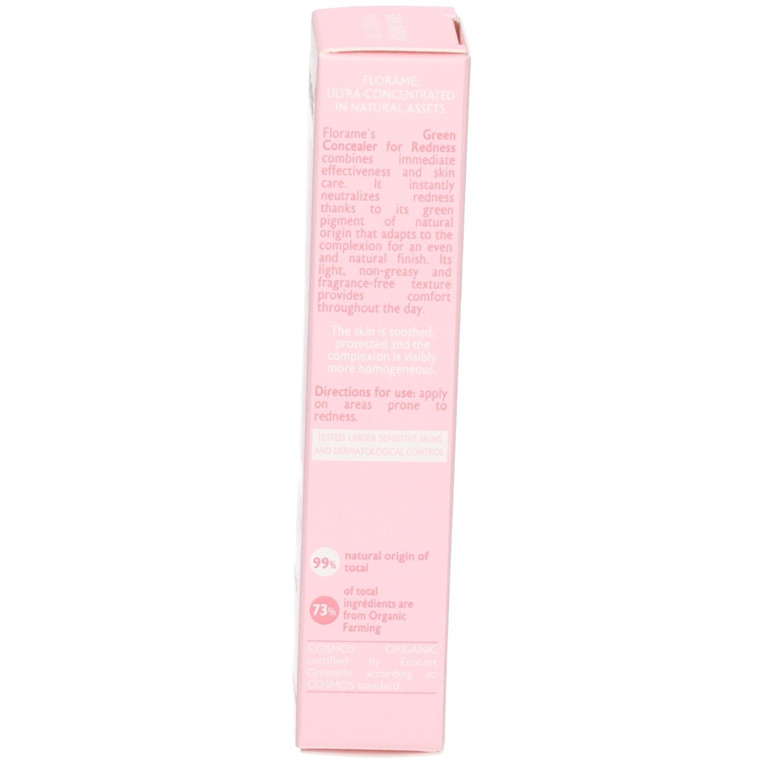 Côté de l'emballage Florame avec description du produit en anglais.