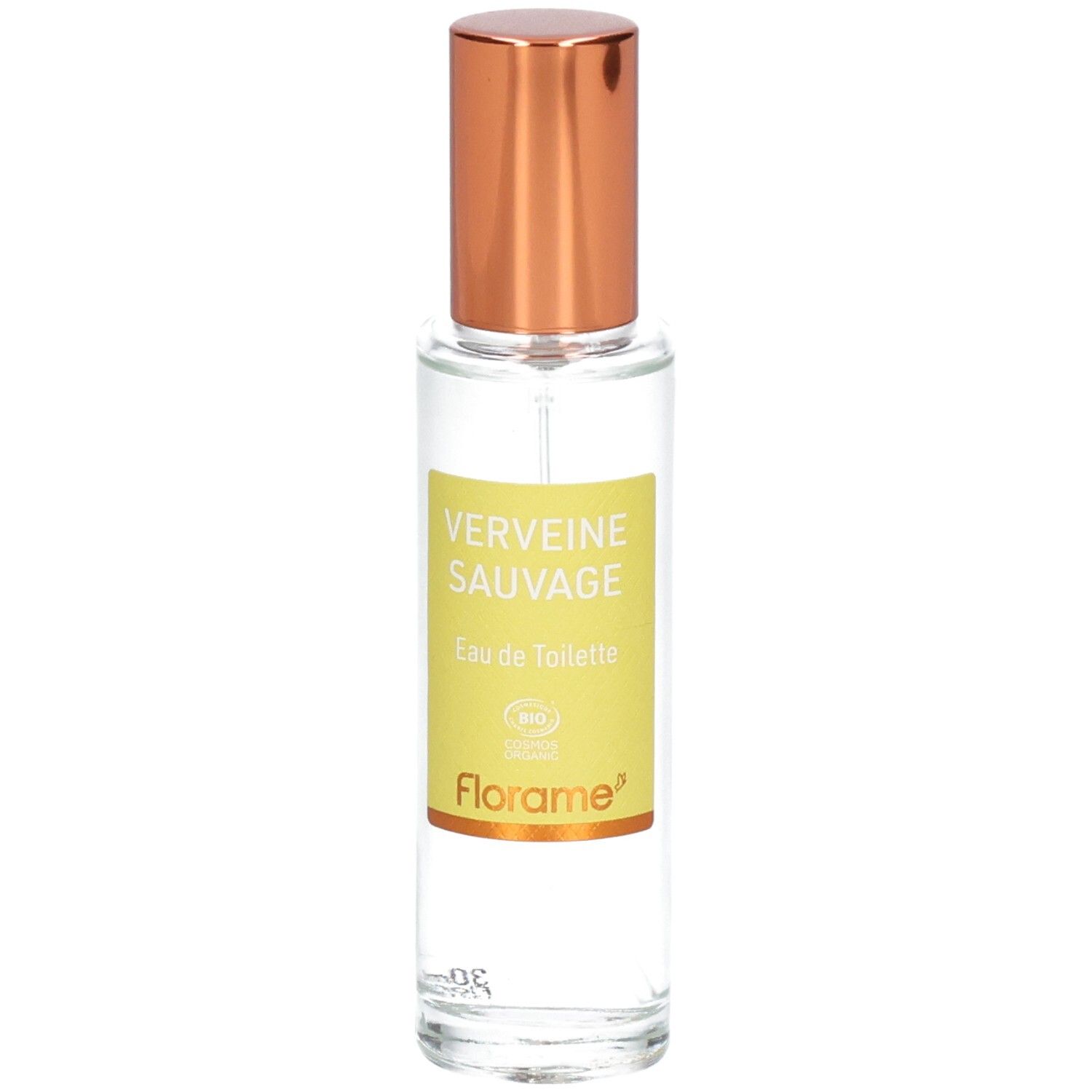 Florame Eau de Toilette Verveine Sauvage en flacon verre avec vaporisateur cuivré.