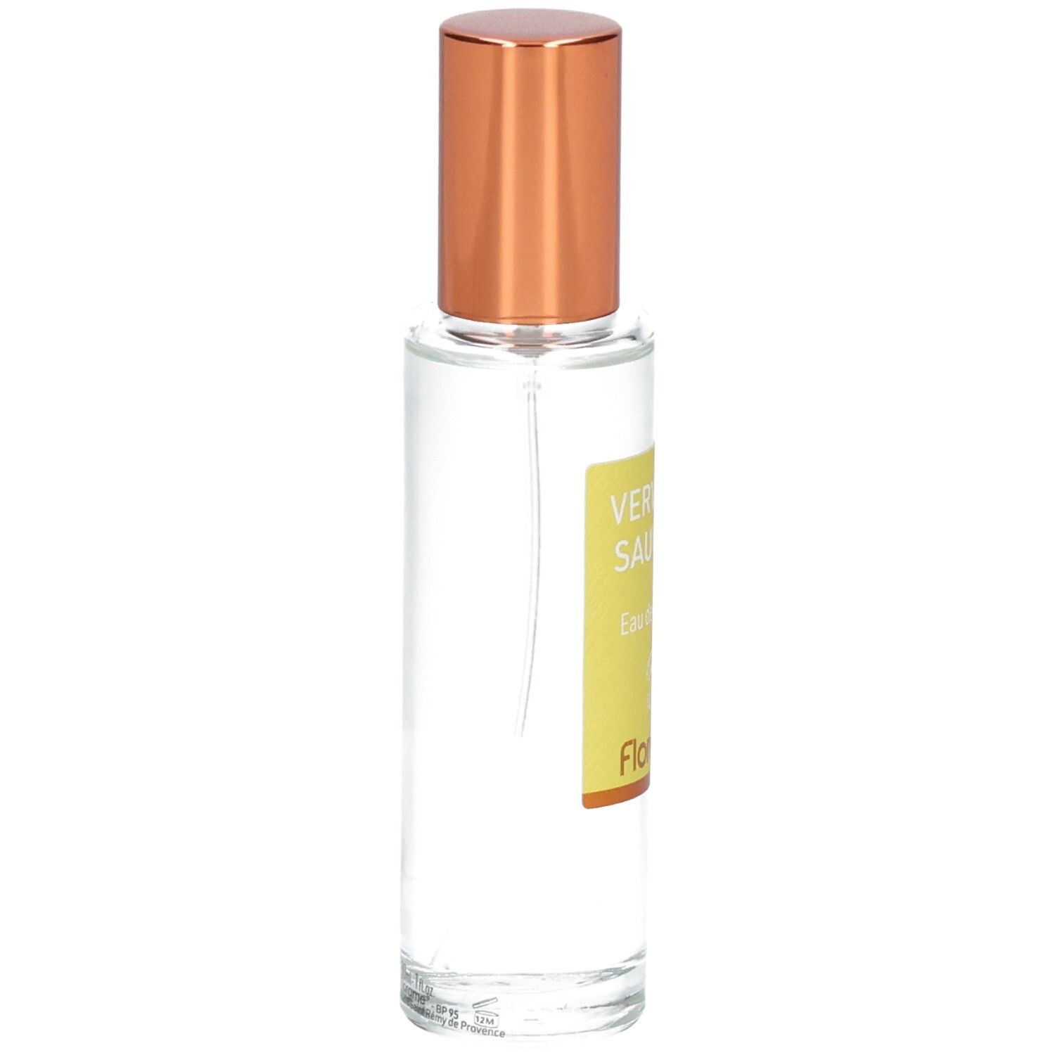 Florame Eau de Toilette Verveine Sauvage, vue latérale du flacon verre avec vaporisateur cuivré.