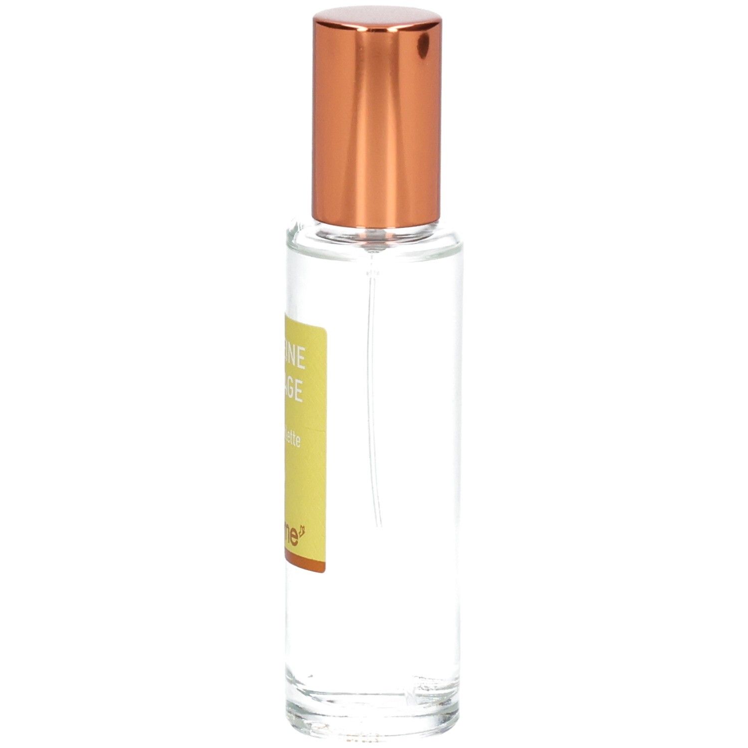 Florame Eau de Toilette Verveine Sauvage, vue latérale du flacon verre avec étiquette jaune et vaporisateur cuivré.