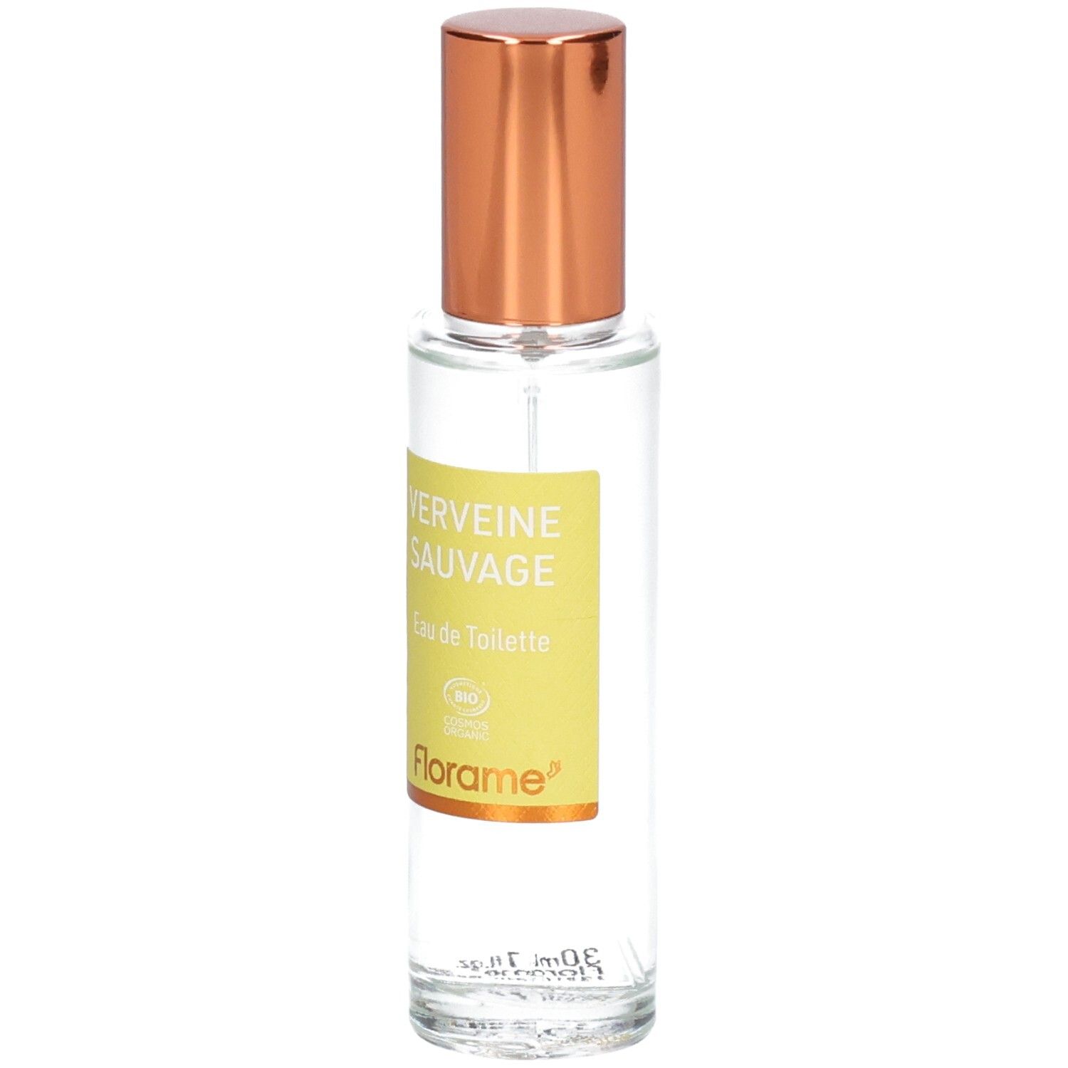 Florame Eau de Toilette Verveine Sauvage, flacon verre avec étiquette jaune et vaporisateur cuivré.