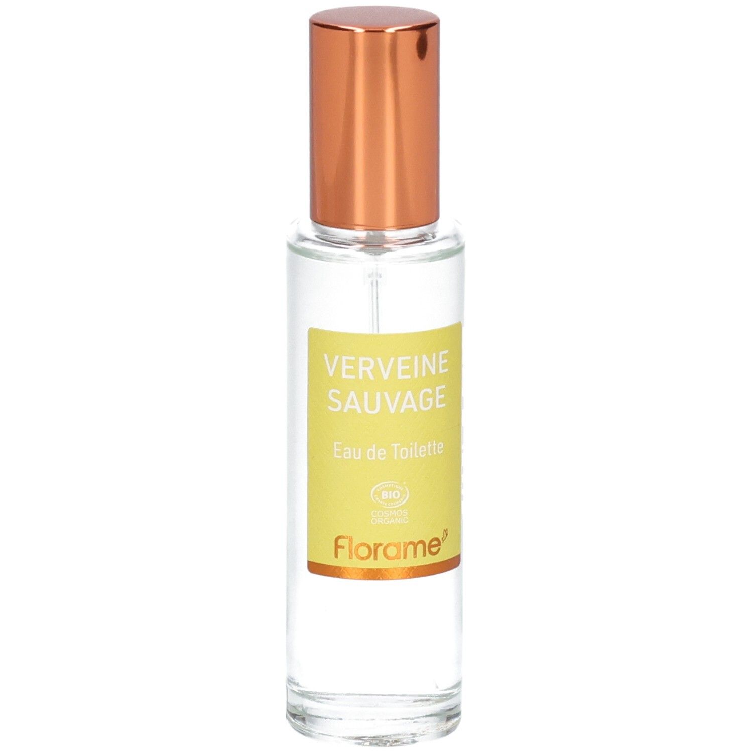 Florame Eau de Toilette Verveine Sauvage, flacon verre avec étiquette jaune, vaporisateur cuivré et label BIO.