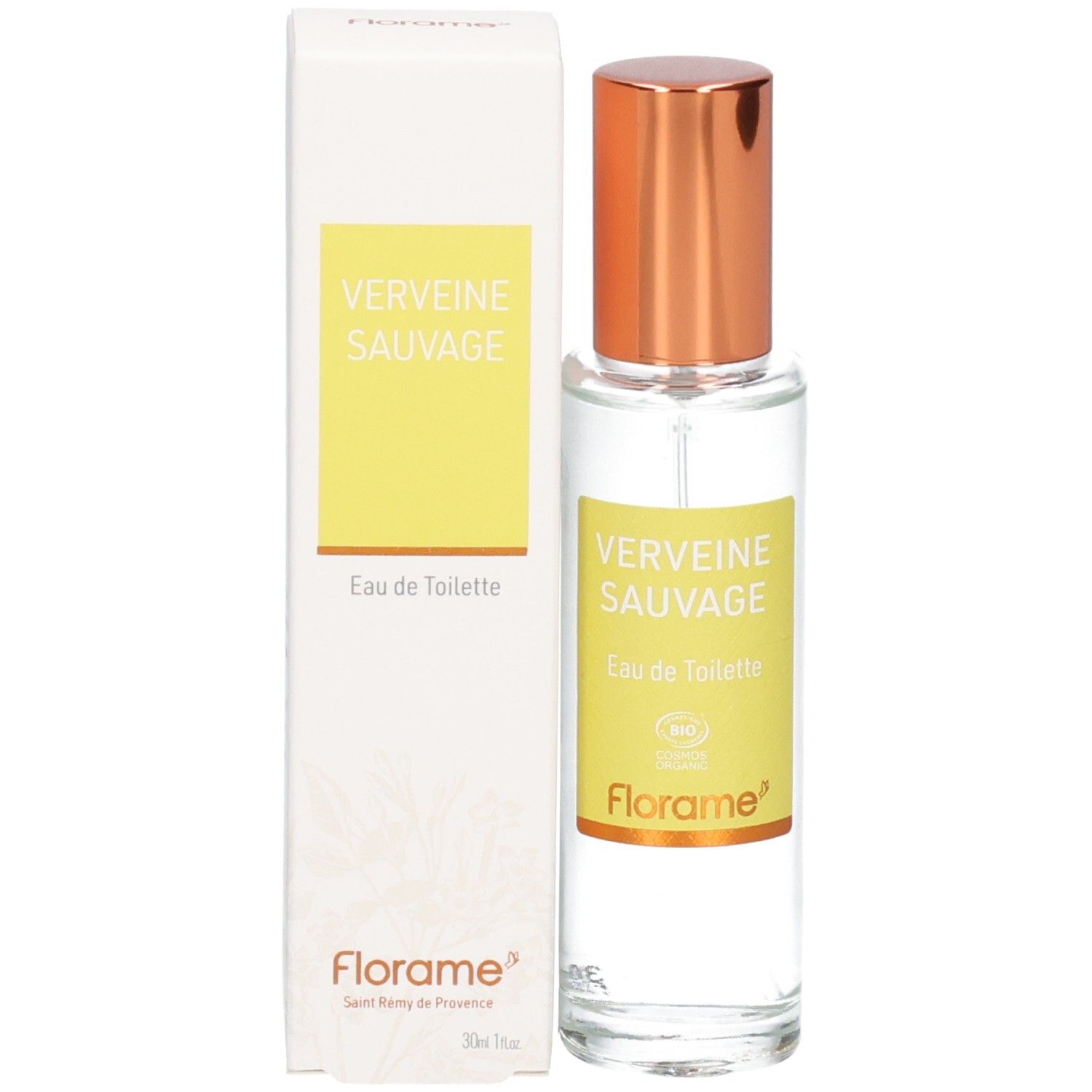 Florame Eau de Toilette Verveine Sauvage, flacon verre avec étiquette jaune et vaporisateur cuivré.