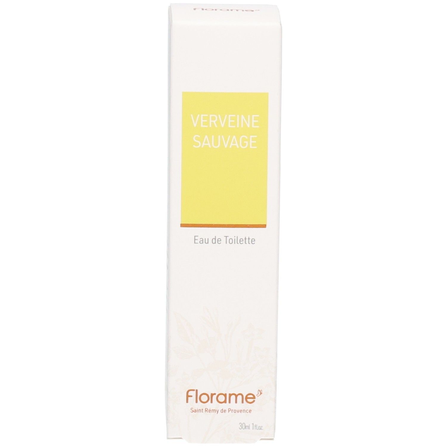 Florame Eau de Toilette Verveine Sauvage avec son emballage. Flacon verre avec vaporisateur cuivré.