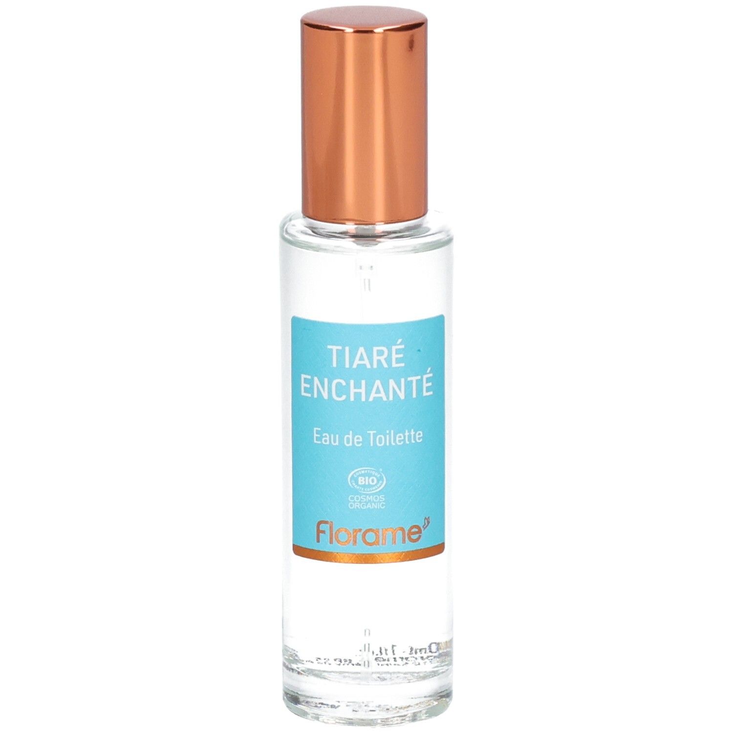 Florame Eau de Toilette Tiaré Enchanté dans un flacon en verre avec bouchon cuivré.