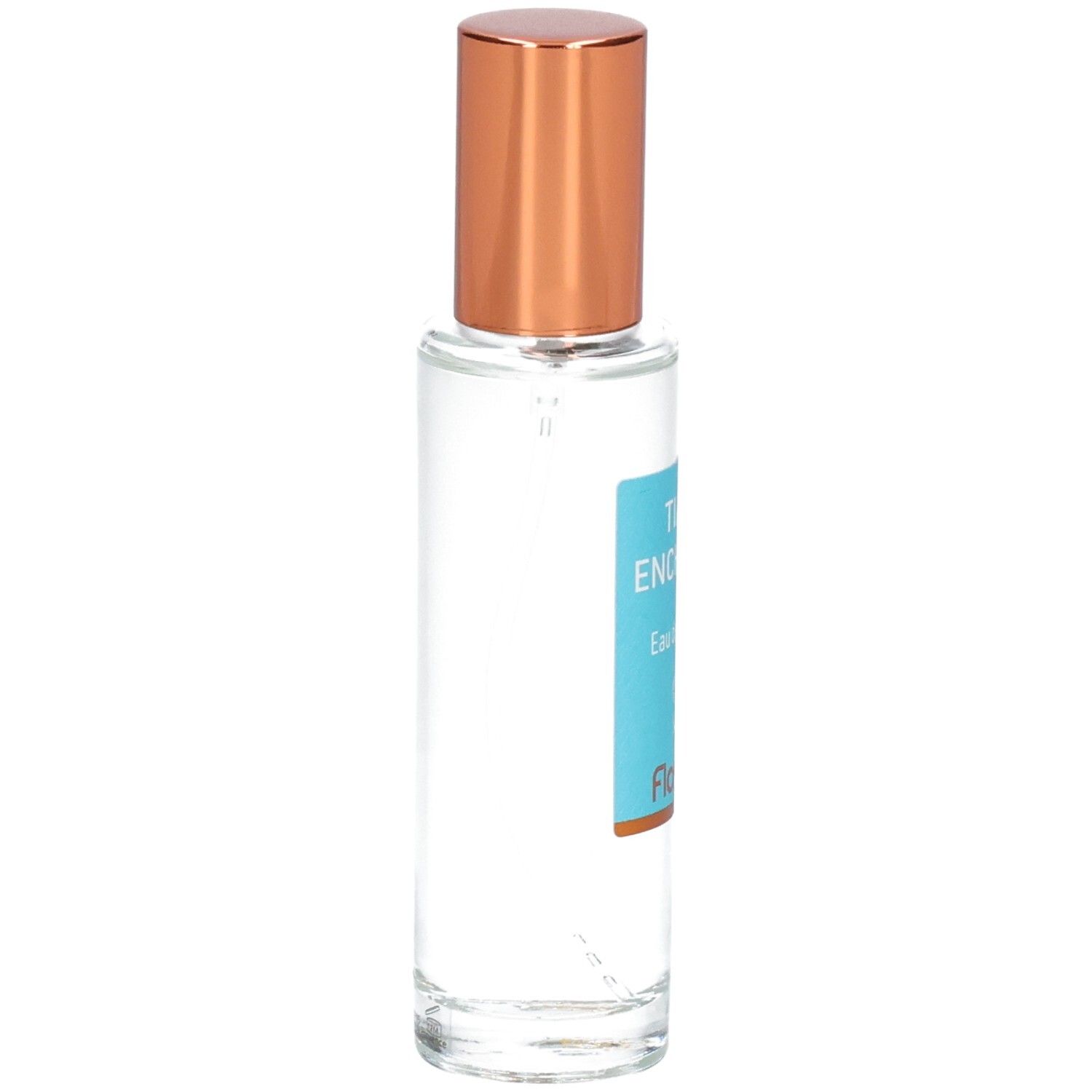 Florame Eau de Toilette Tiaré Enchanté, vue latérale du flacon en verre avec bouchon cuivré.