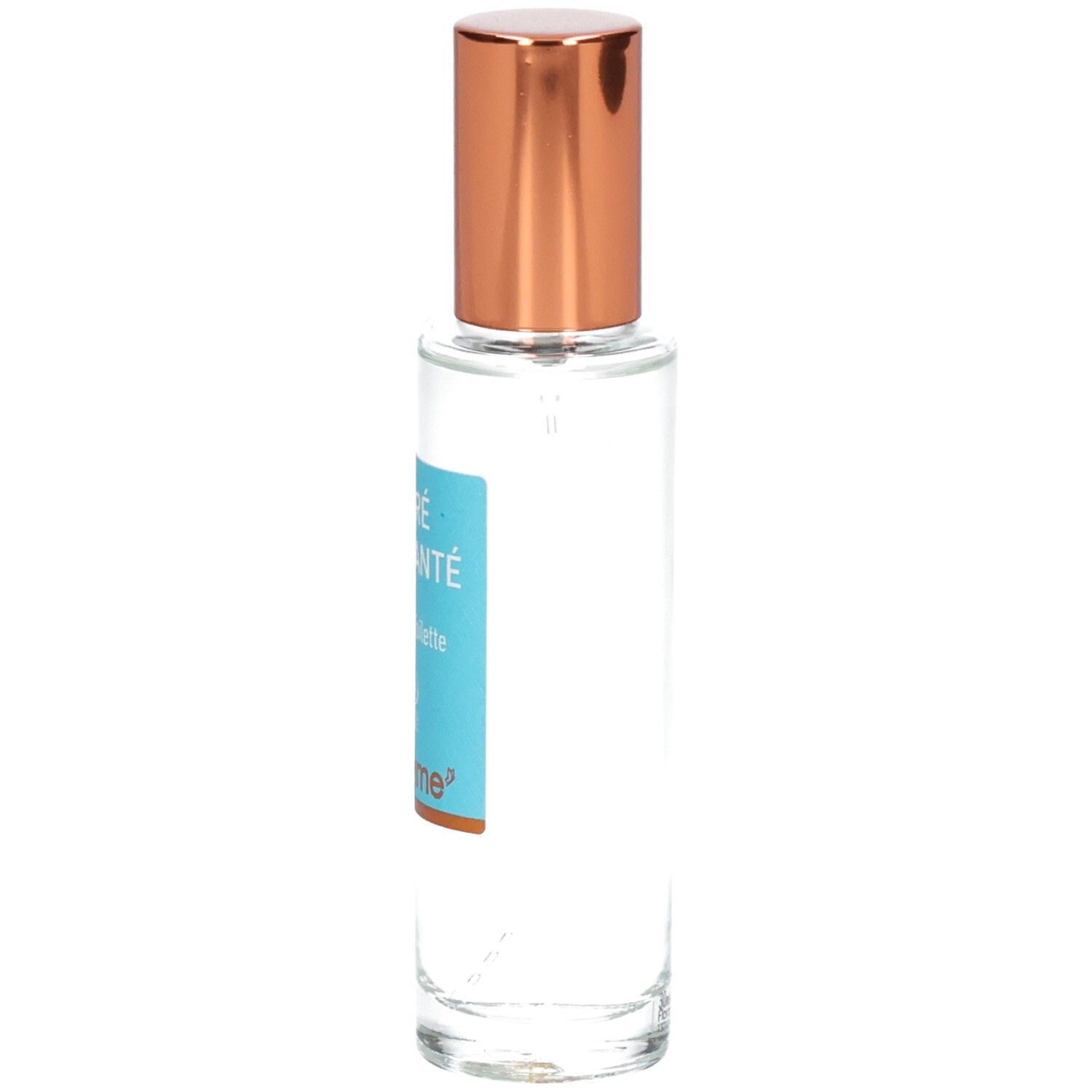 Florame Eau de Toilette Tiaré Enchanté, vue latérale du flacon en verre avec étiquette et bouchon cuivré.