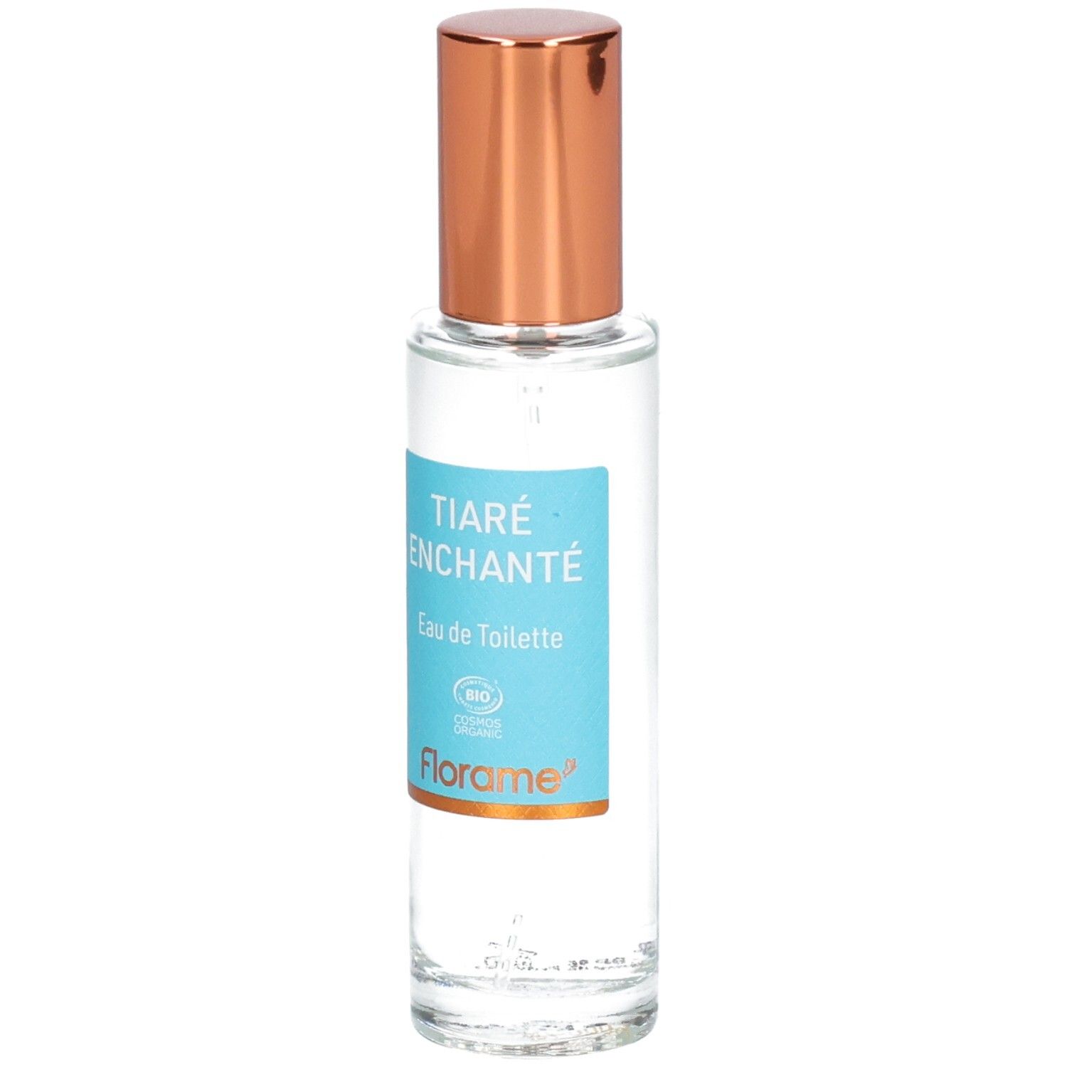 Florame Eau de Toilette Tiaré Enchanté dans un flacon en verre avec étiquette et bouchon cuivré.