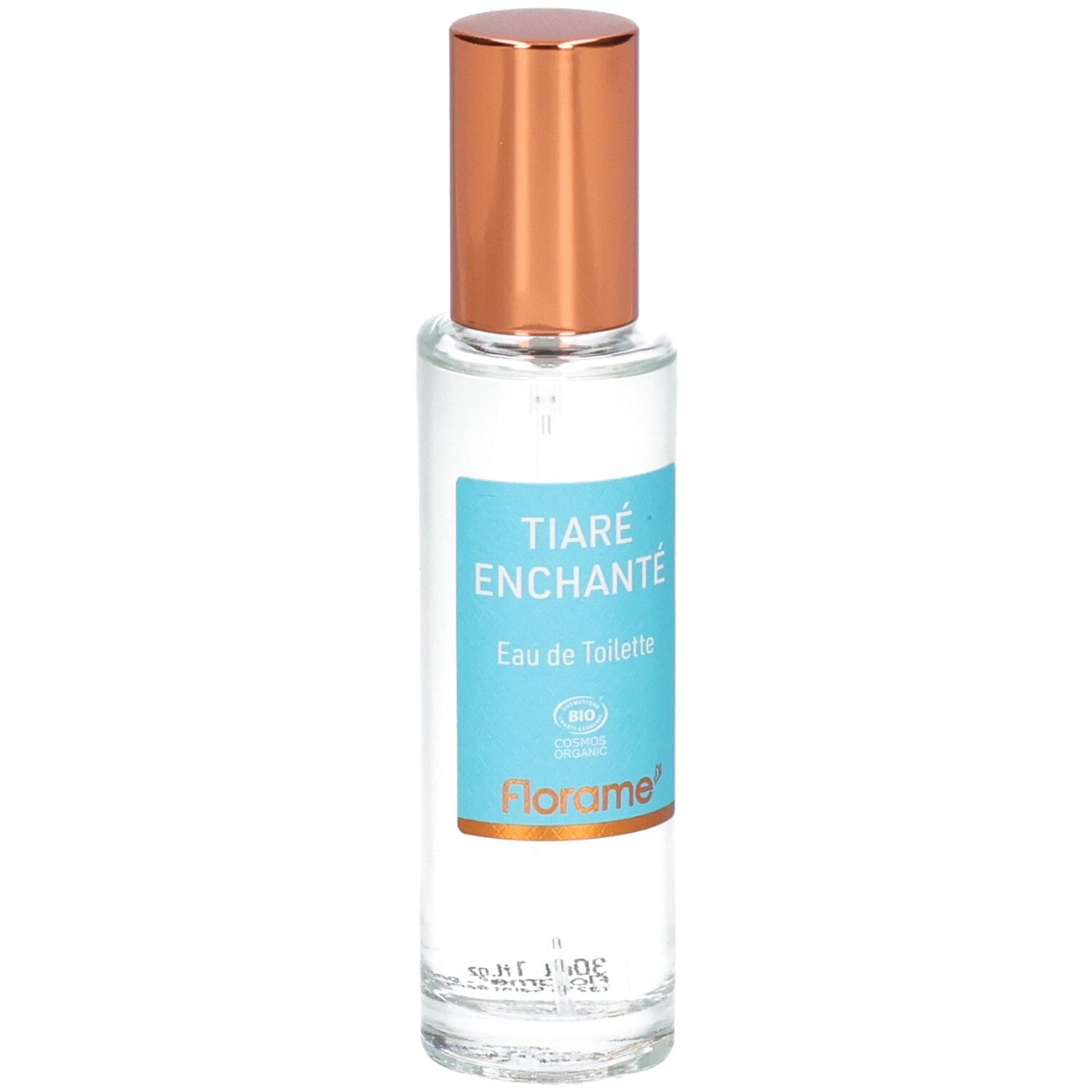Florame Eau de Toilette Tiaré Enchanté dans un flacon en verre avec étiquette et bouchon cuivré.