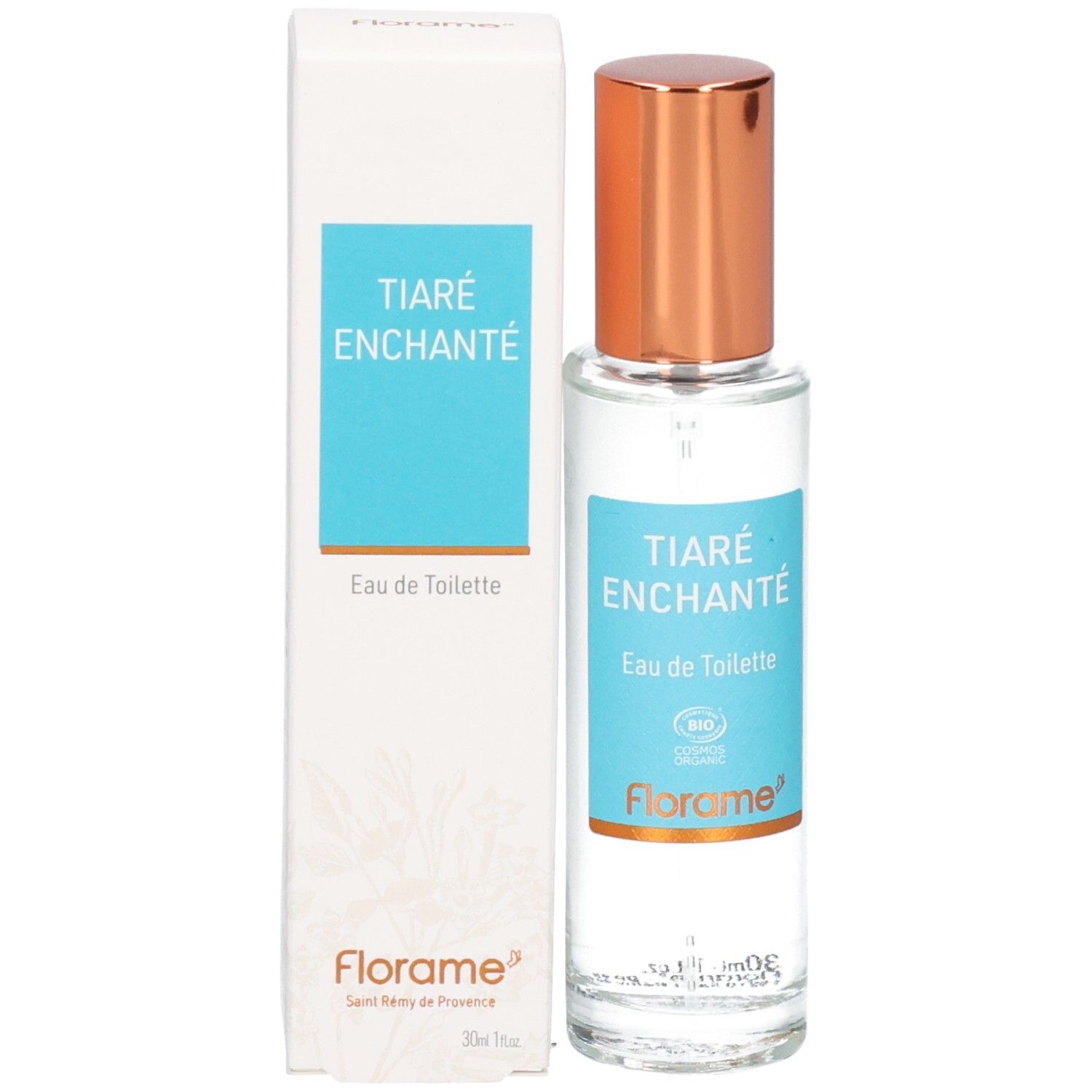 Florame Eau de Toilette Tiaré Enchanté avec boîte, flacon en verre avec bouchon cuivré.