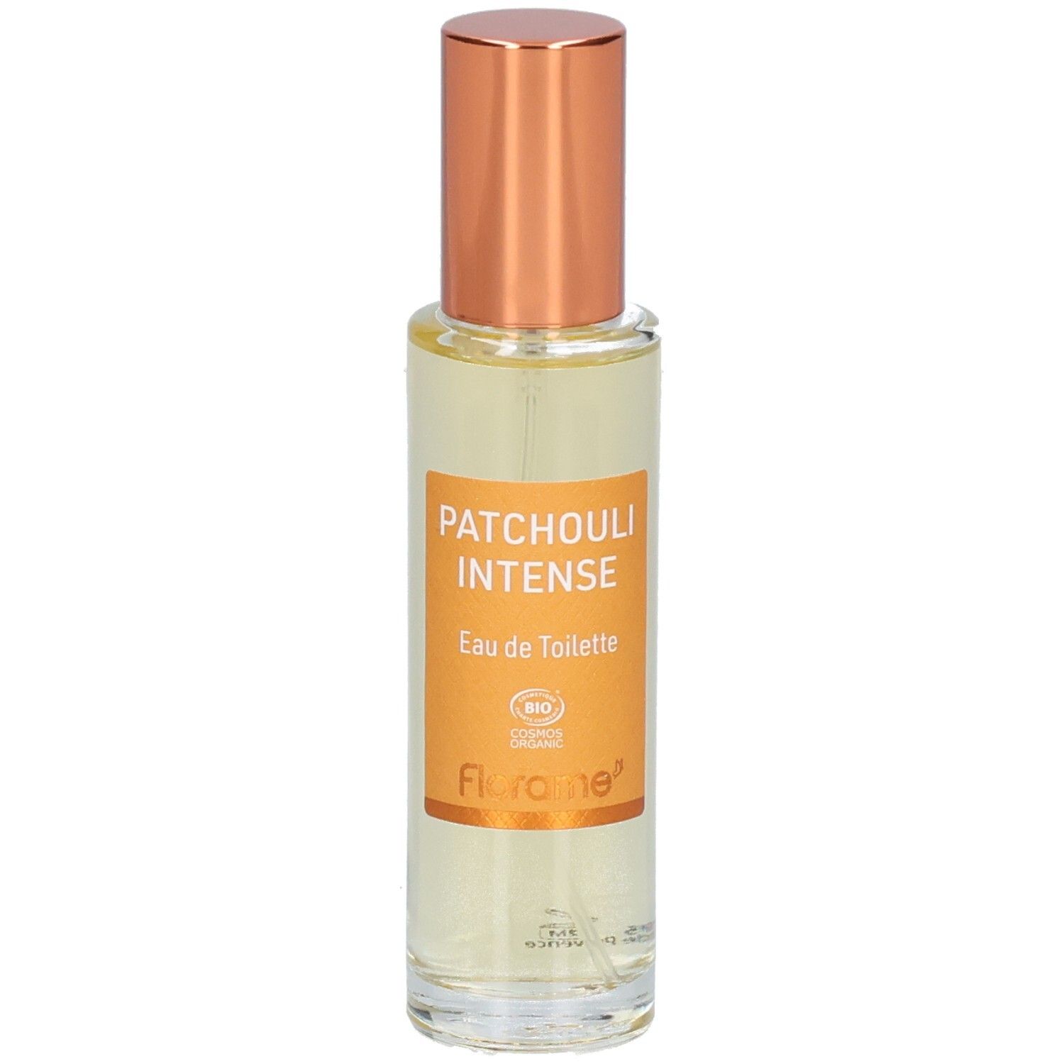 Flacon Florame Patchouli Intense Eau de Toilette avec bouchon orange.