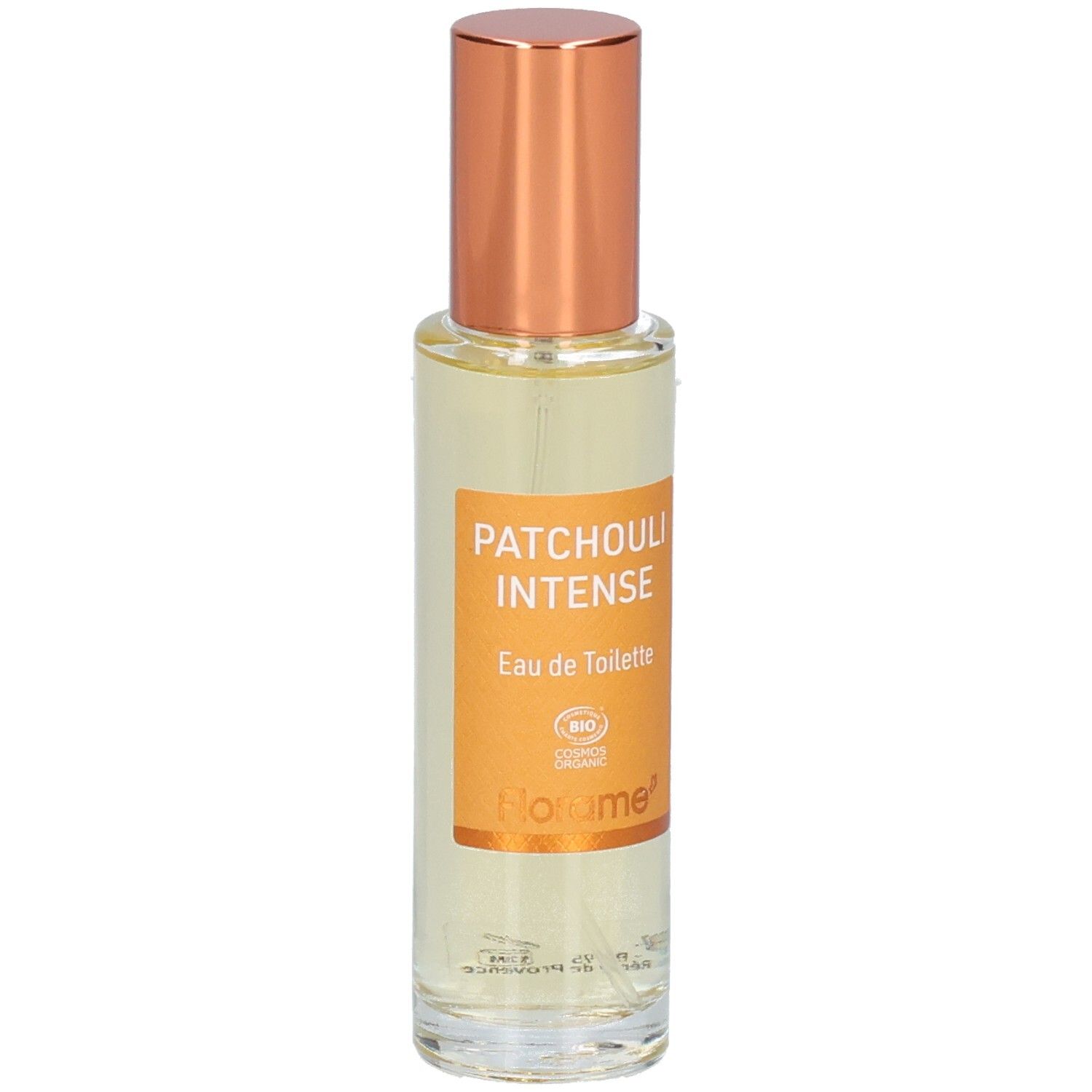Flacon Florame Patchouli Intense Eau de Toilette avec bouchon orange.