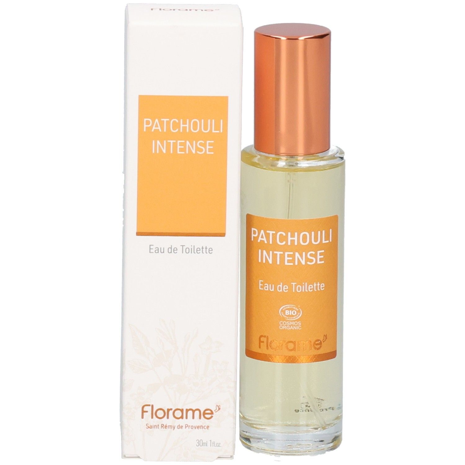 Flacon Florame Patchouli Intense Eau de Toilette et son emballage.