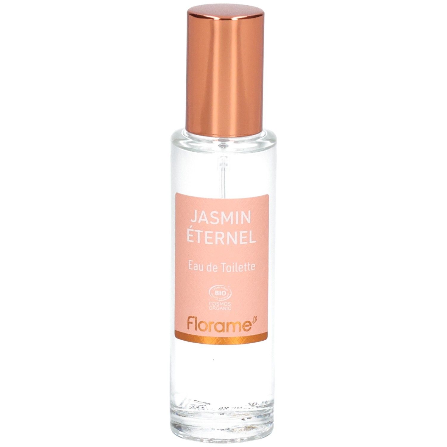 Florame Jasmin Éternel Eau de Toilette dans un flacon en verre avec un capuchon vaporisateur rosé.