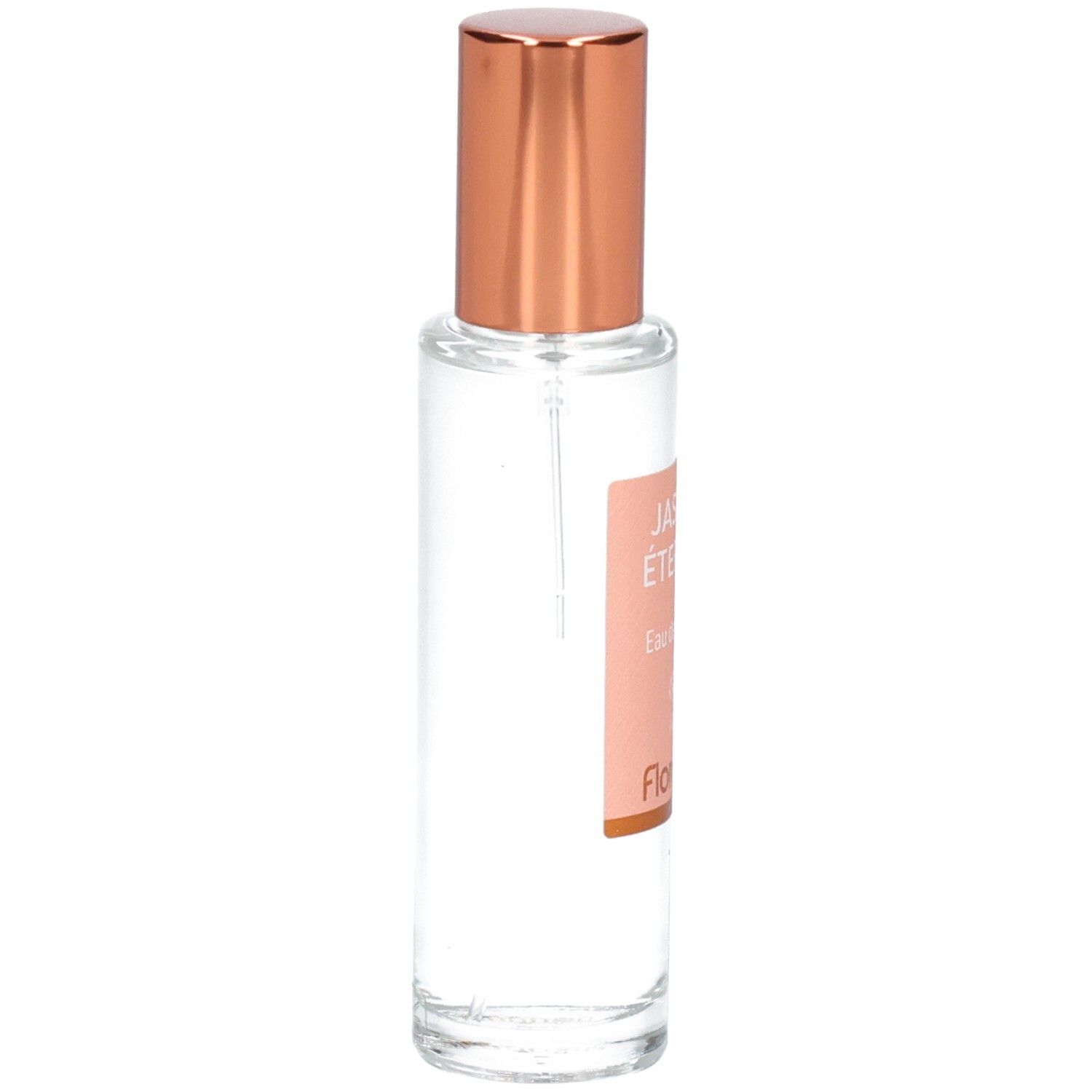 Florame Jasmin Éternel Eau de Toilette, vue latérale du flacon en verre avec capuchon vaporisateur rosé.