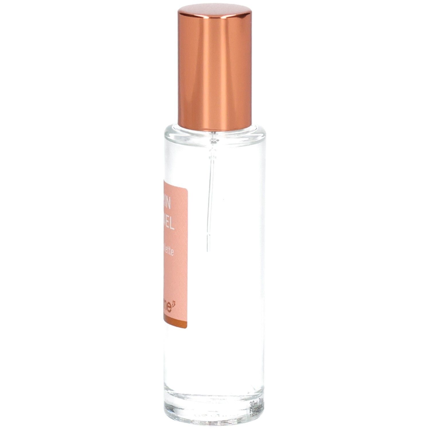 Florame Jasmin Éternel Eau de Toilette, vue latérale du flacon en verre avec capuchon vaporisateur rosé.