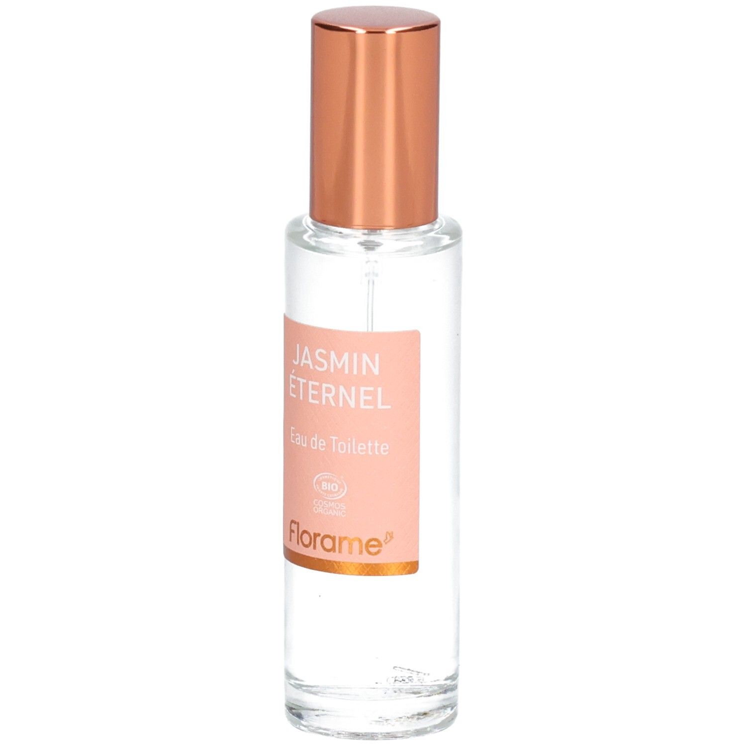 Florame Jasmin Éternel Eau de Toilette dans un flacon en verre avec un capuchon vaporisateur rosé.