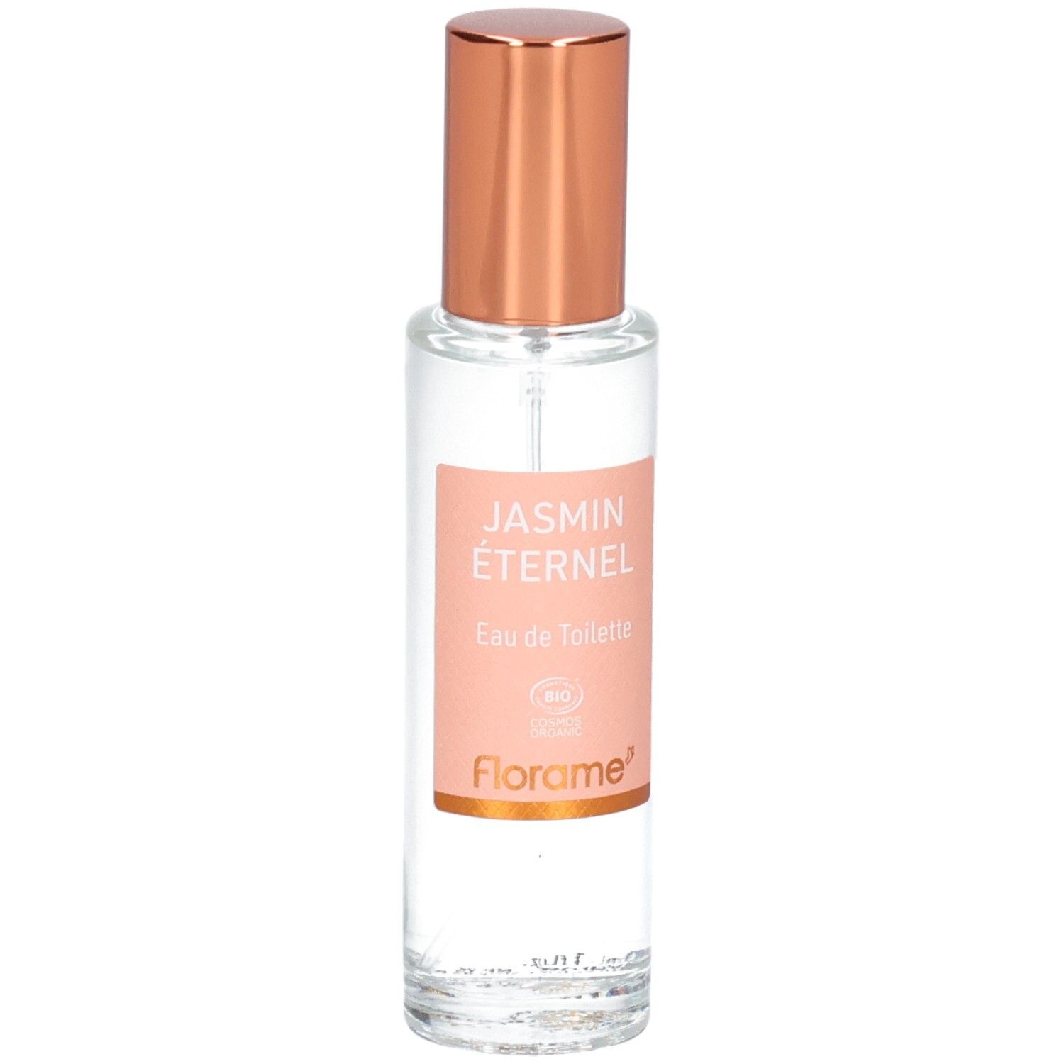 Florame Jasmin Éternel Eau de Toilette dans un flacon en verre avec un capuchon vaporisateur rosé.