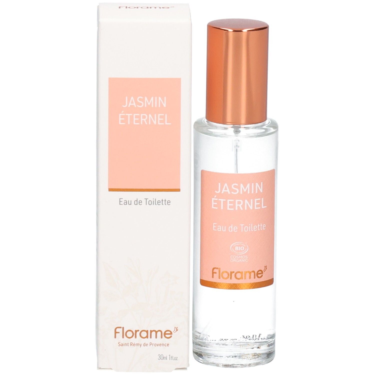 Florame Jasmin Éternel Eau de Toilette et son emballage, flacon en verre avec capuchon vaporisateur rosé.