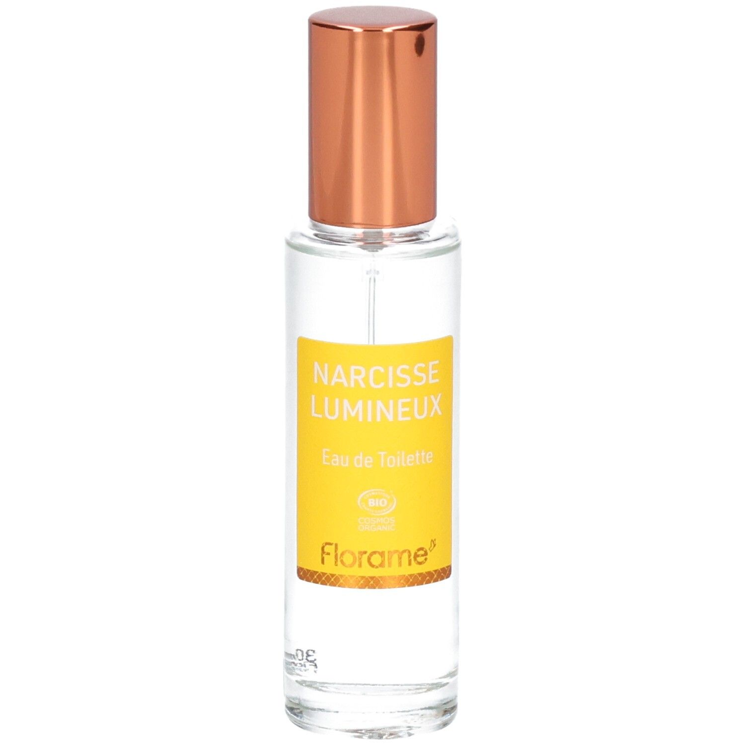 Florame Eau de Toilette Narcisse Lumineux dans un flacon en verre avec bouchon doré.