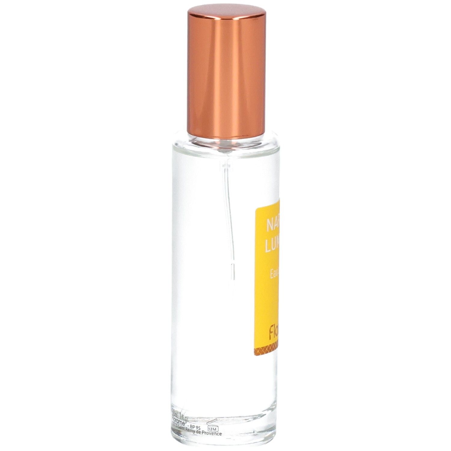 Florame Eau de Toilette Narcisse Lumineux, vue latérale du flacon en verre avec bouchon doré.