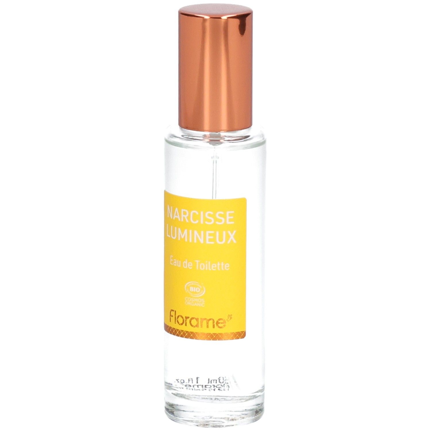Florame Eau de Toilette Narcisse Lumineux, flacon en verre avec bouchon doré et étiquette jaune.