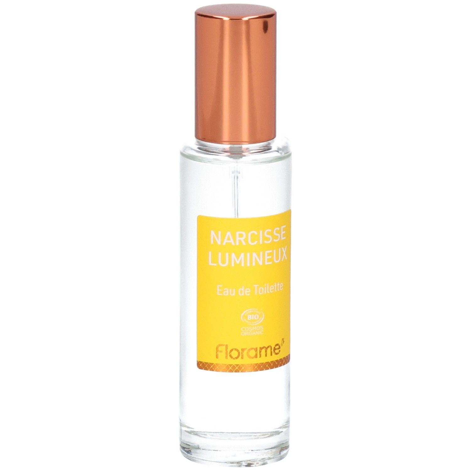 Florame Eau de Toilette Narcisse Lumineux, flacon en verre avec bouchon doré, vue de face.