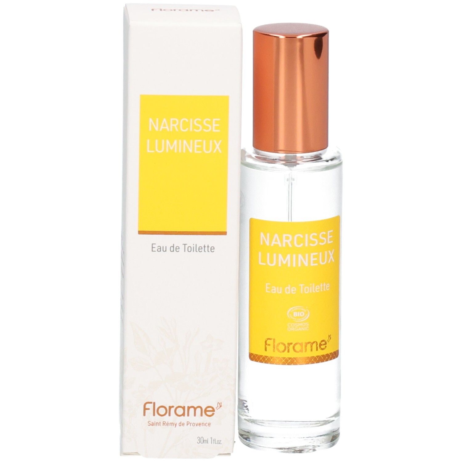 Florame Eau de Toilette Narcisse Lumineux dans un flacon en verre avec bouchon doré et son emballage.