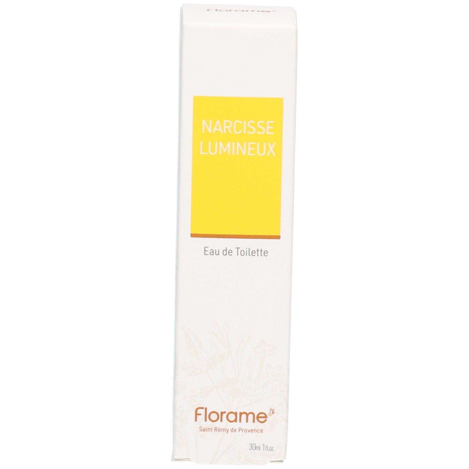 Emballage de Florame Eau de Toilette Narcisse Lumineux, avec étiquette jaune et inscription dorée.