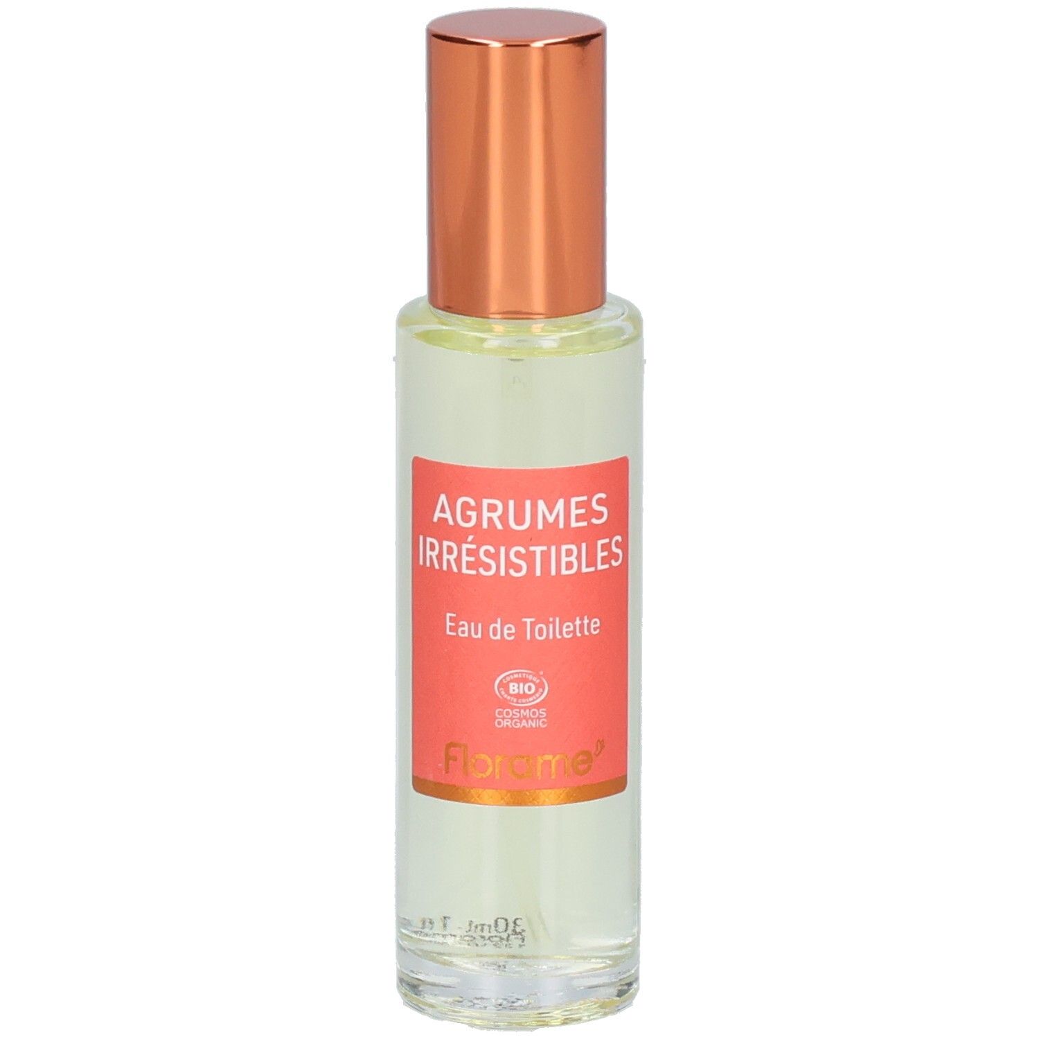 Florame Eau de Toilette Agrumes Irrésistibles dans un flacon en verre avec bouchon à vis cuivré.