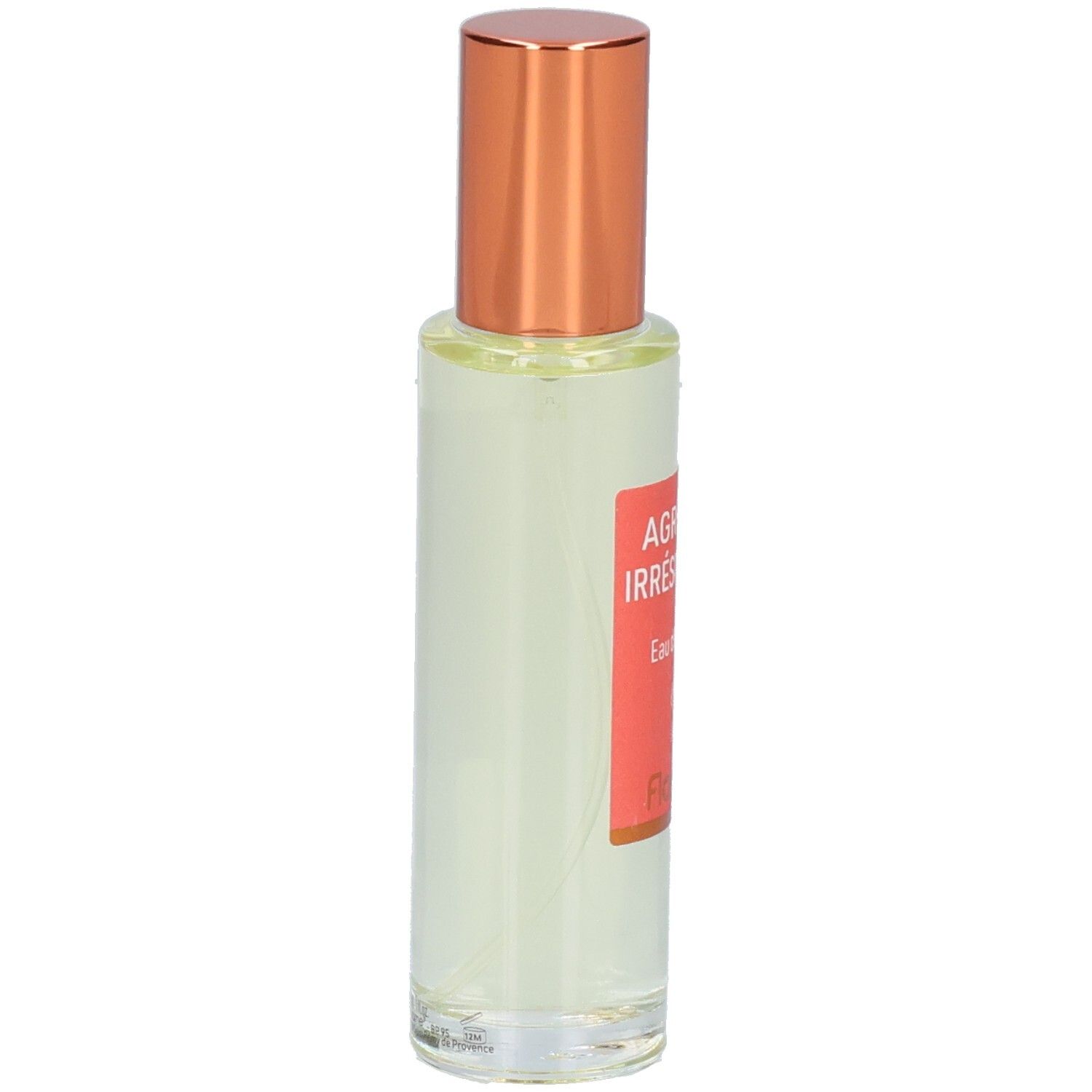 Florame Eau de Toilette Agrumes Irrésistibles, vue latérale du flacon en verre avec bouchon à vis cuivré.