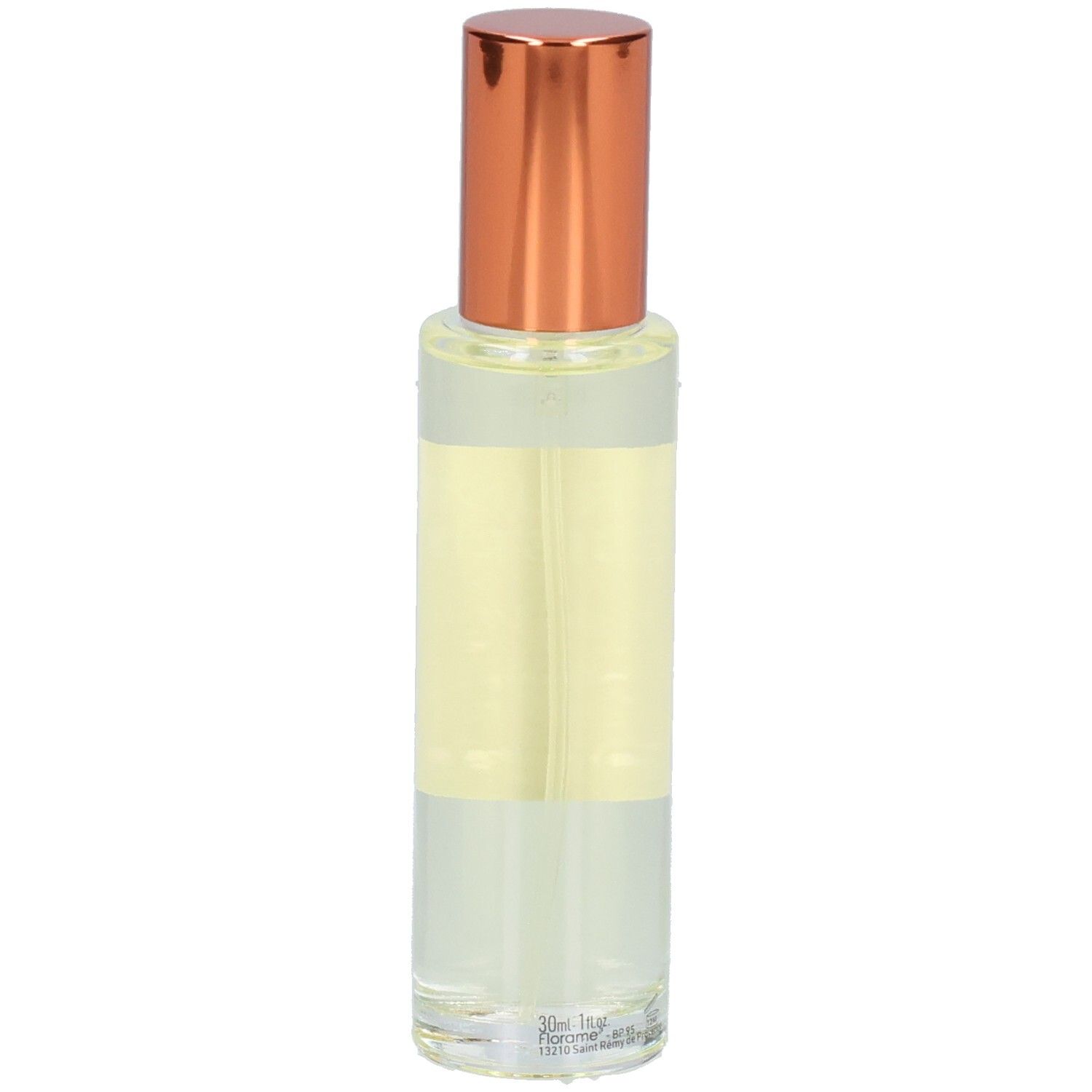 Florame Eau de Toilette Agrumes Irrésistibles, vue arrière du flacon en verre avec bouchon à vis cuivré.