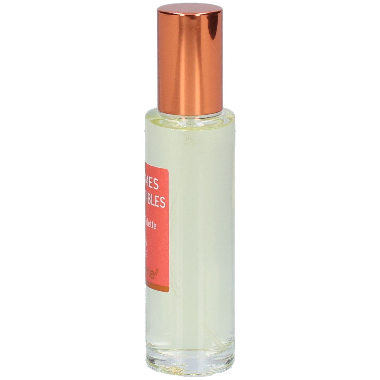 Florame Eau de Toilette Agrumes Irrésistibles, vue latérale du flacon en verre avec étiquette.
