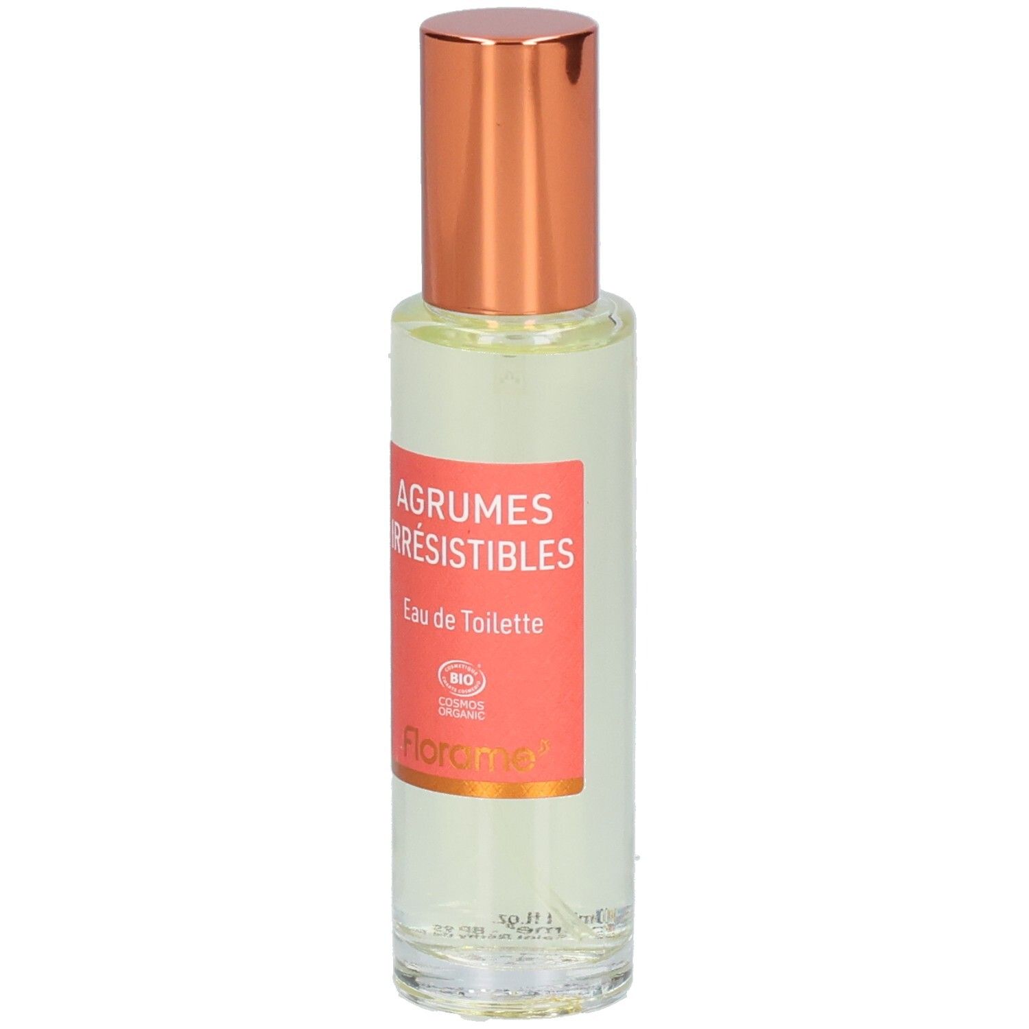 Florame Eau de Toilette Agrumes Irrésistibles, flacon en verre avec bouchon à vis cuivré et étiquette.