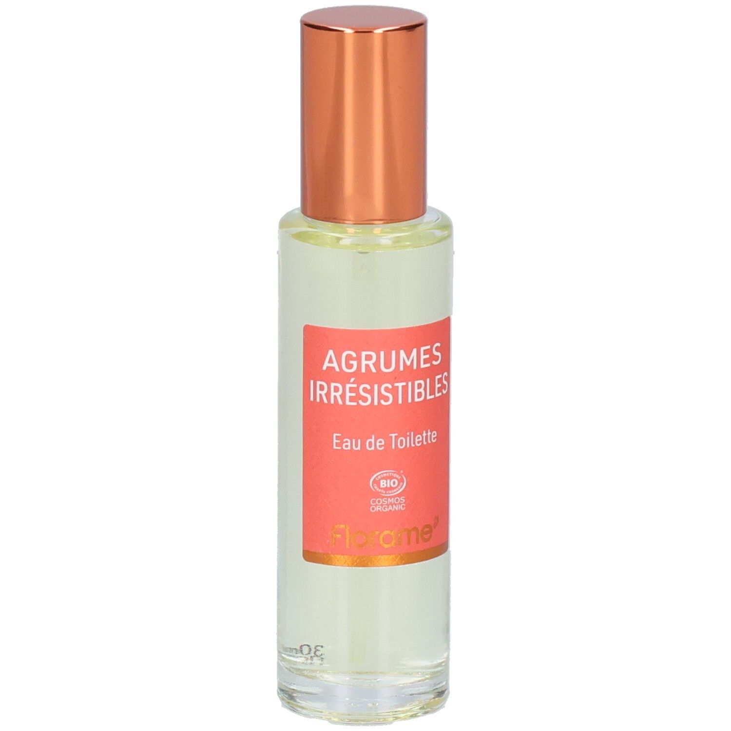 Florame Eau de Toilette Agrumes Irrésistibles, flacon en verre avec étiquette et bouchon à vis cuivré.
