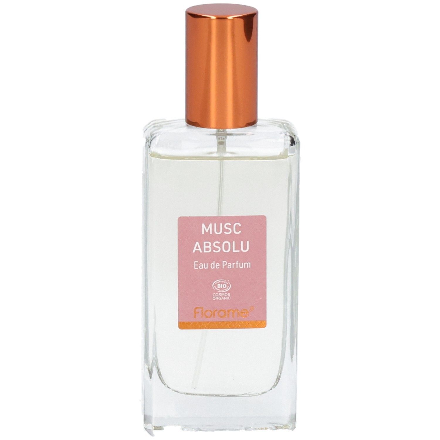 Florame Eau de Parfum Musc Absolu dans un flacon rectangulaire en verre avec un vaporisateur couleur cuivre.