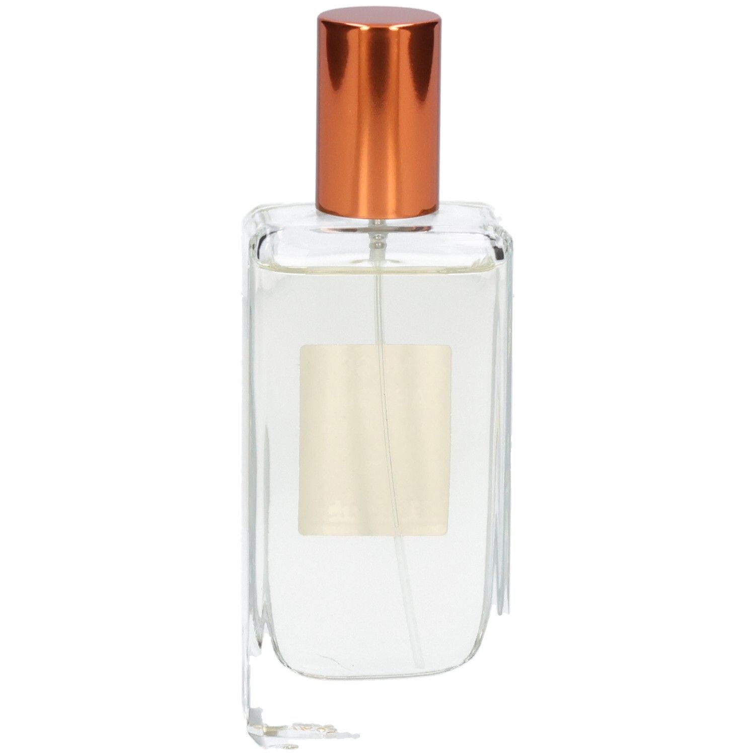 Florame Eau de Parfum Musc Absolu, flacon en verre avec vaporisateur cuivre, verso avec étiquette.