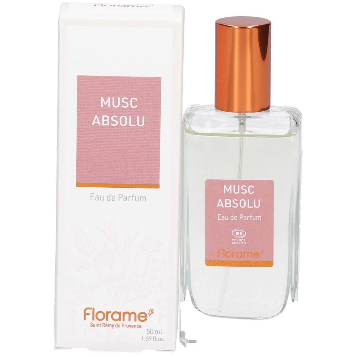 Florame Eau de Parfum Musc Absolu flacon et emballage. Flacon avec vaporisateur couleur cuivre.