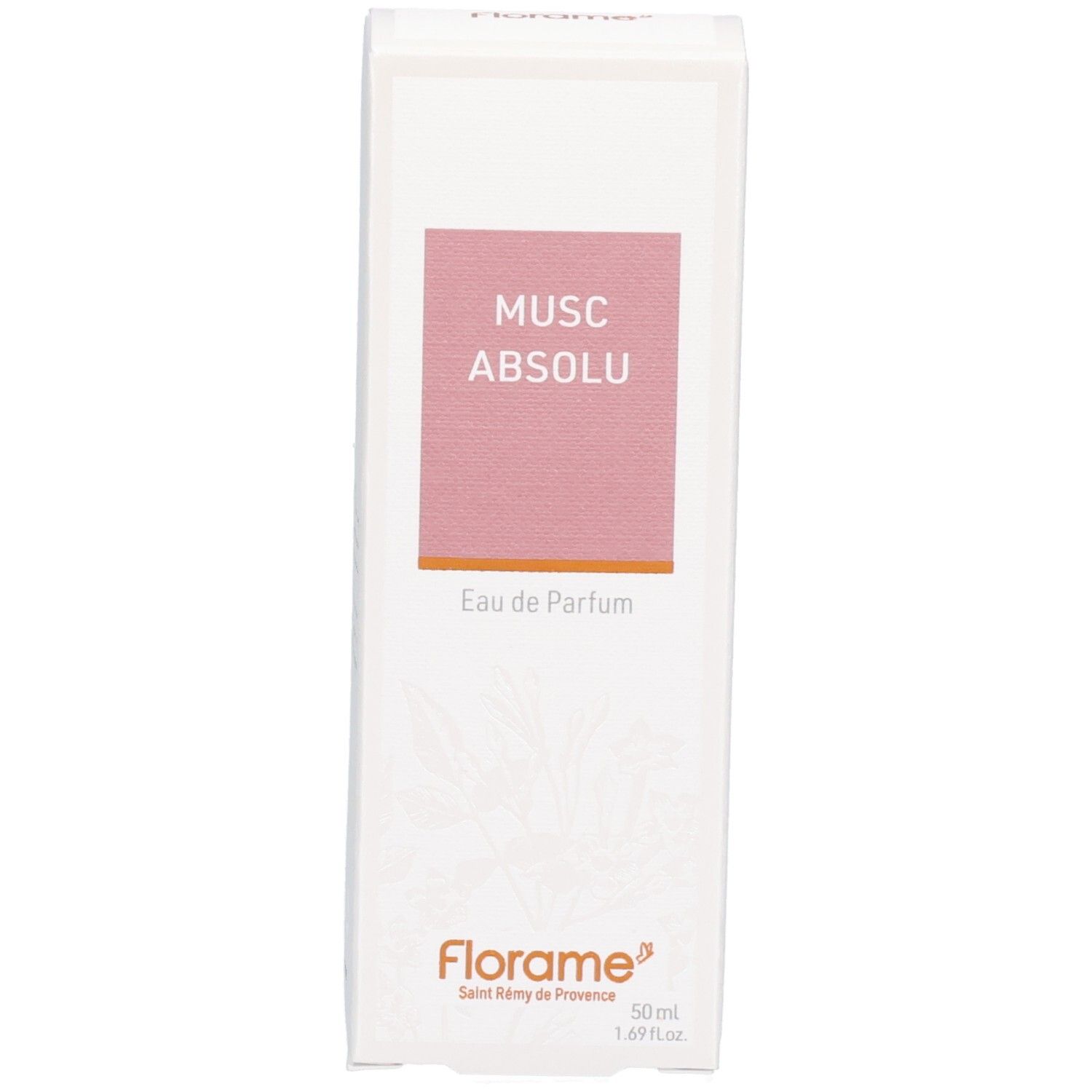 Emballage pour Florame Eau de Parfum Musc Absolu avec étiquette et motif floral.