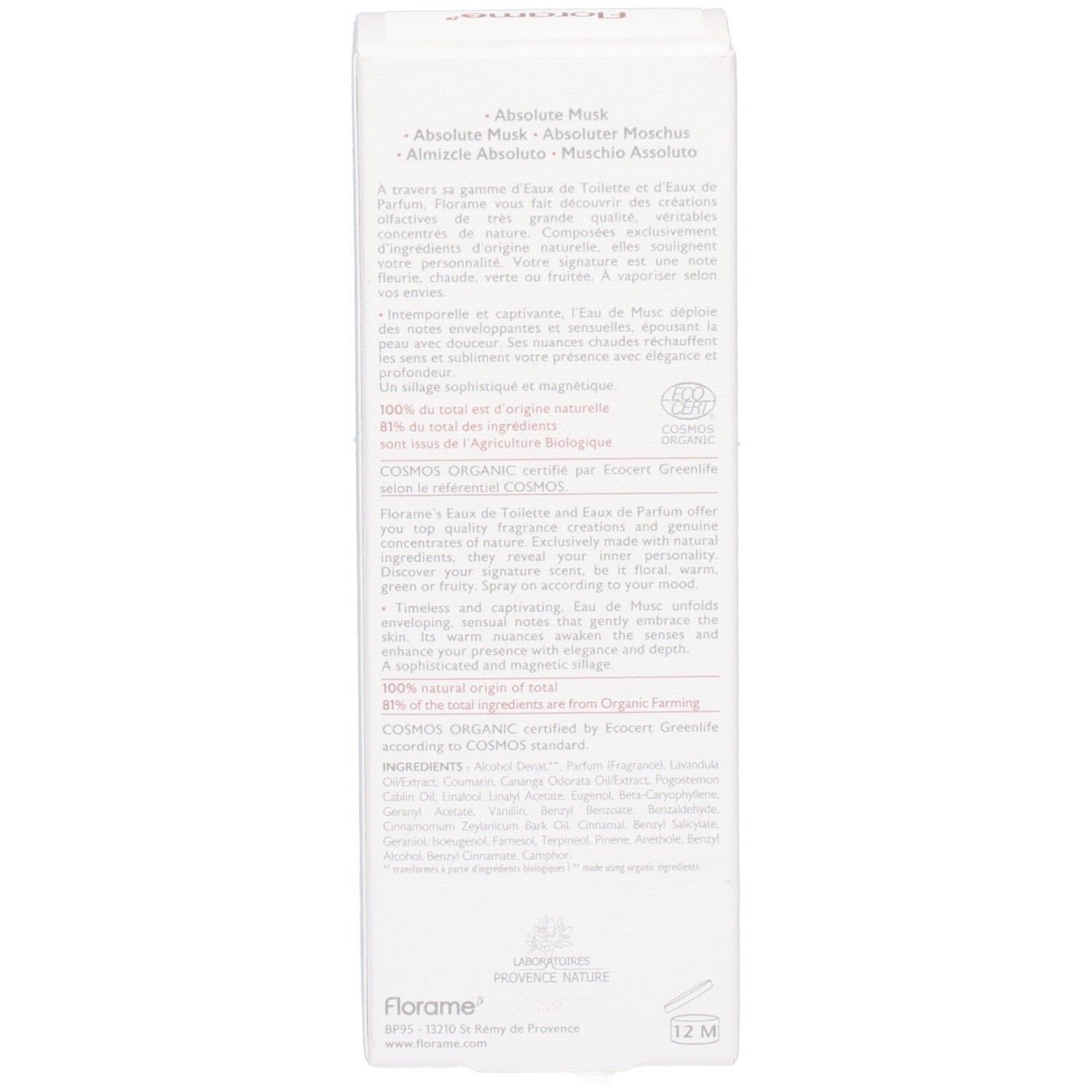 Dos de l'emballage Florame Eau de Parfum Musc Absolu avec ingrédients et label Bio.