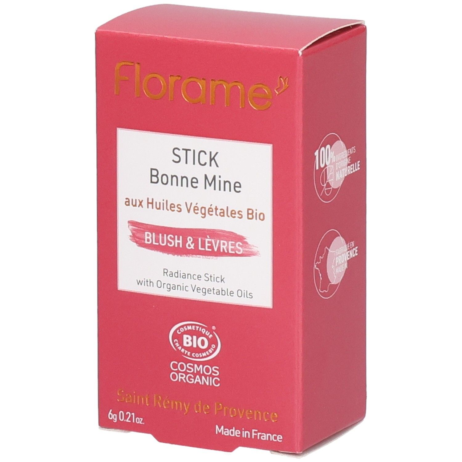 Packaging cosmétique Florame Stick Bonne Mine Blush & Lèvres avec informations produit et label BIO.