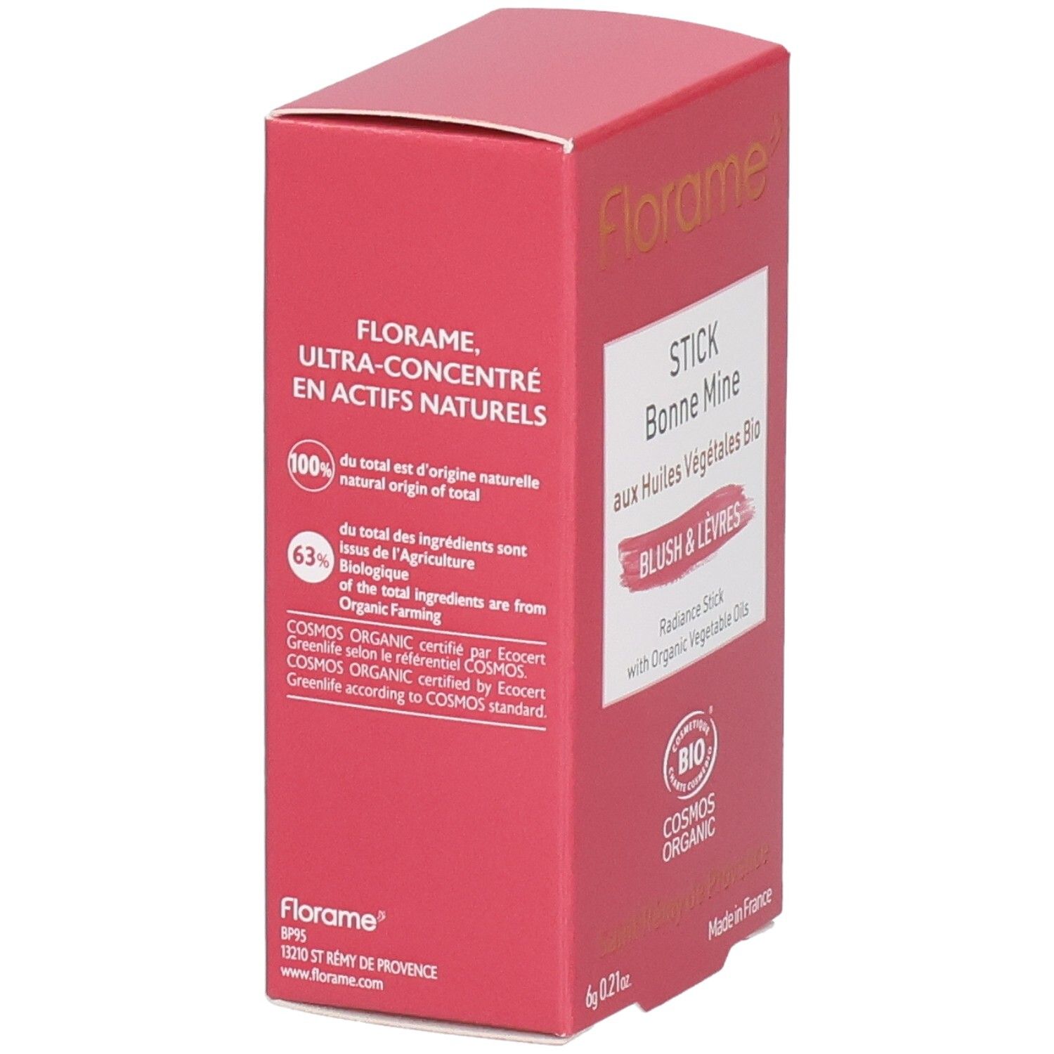 Florame Stick Bonne Mine verso avec ingrédients détaillés, instructions d'utilisation et certification BIO.