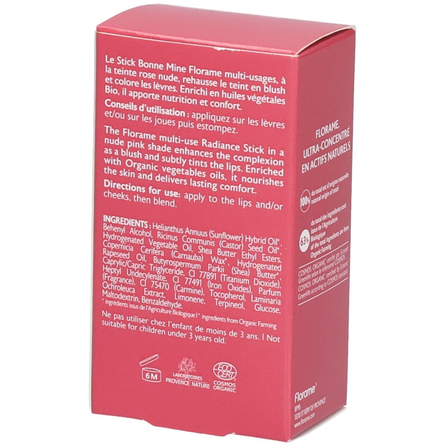 Florame Stick Bonne Mine intérieur de l'emballage avec ingrédients, conseils d'utilisation et avertissements.
