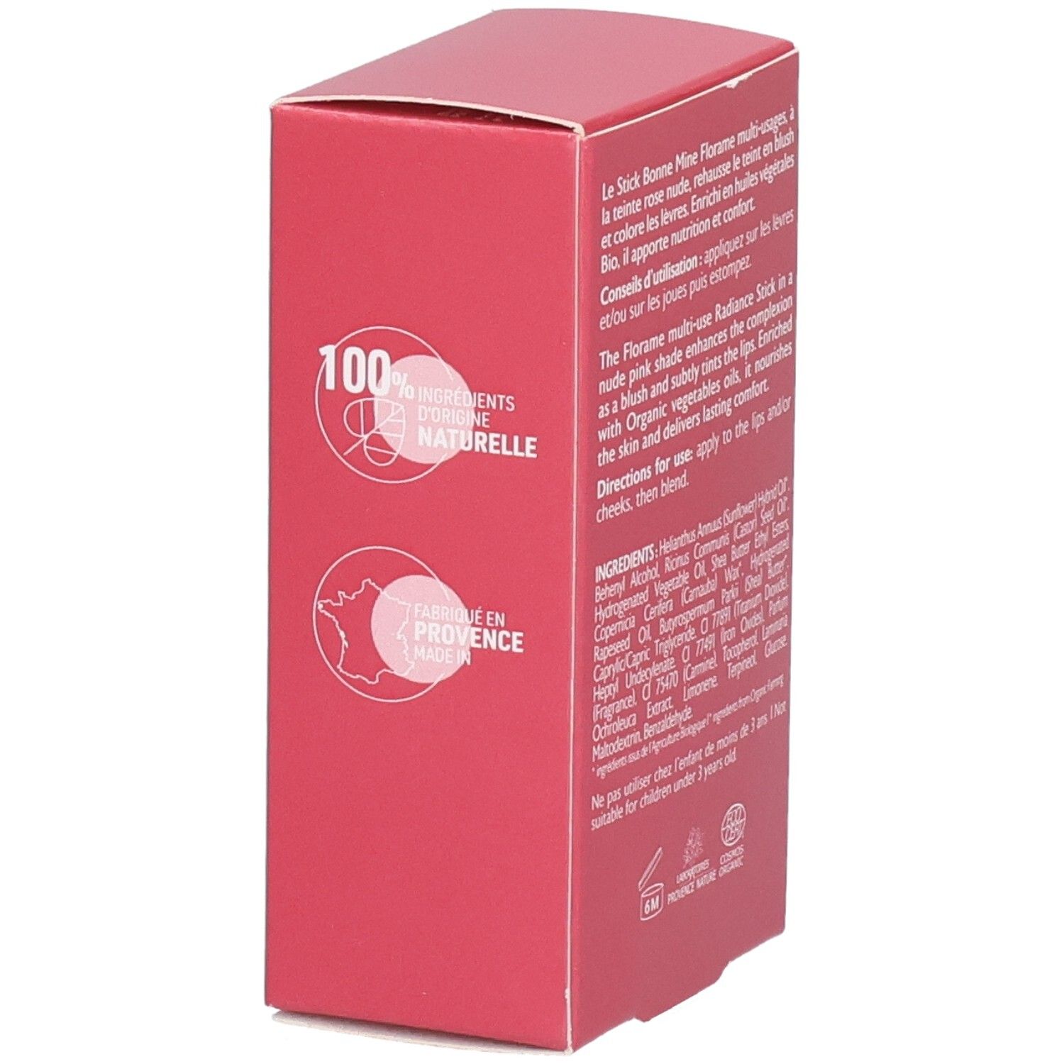 Packaging Florame Stick Bonne Mine mettant en avant l'origine "Made in France" et le label BIO.